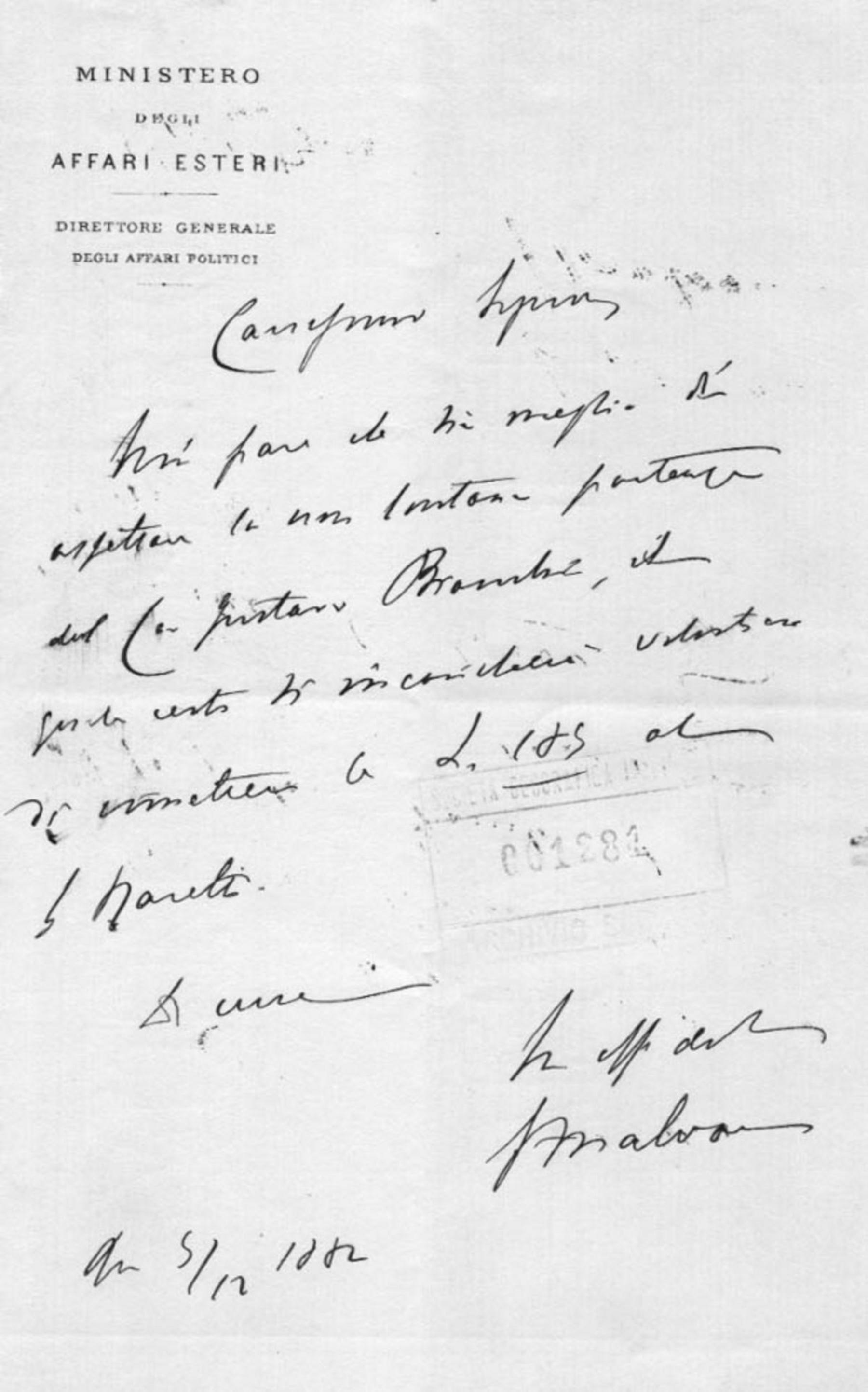 Giacomo Malvano a Società geografica italiana 5.12.1882