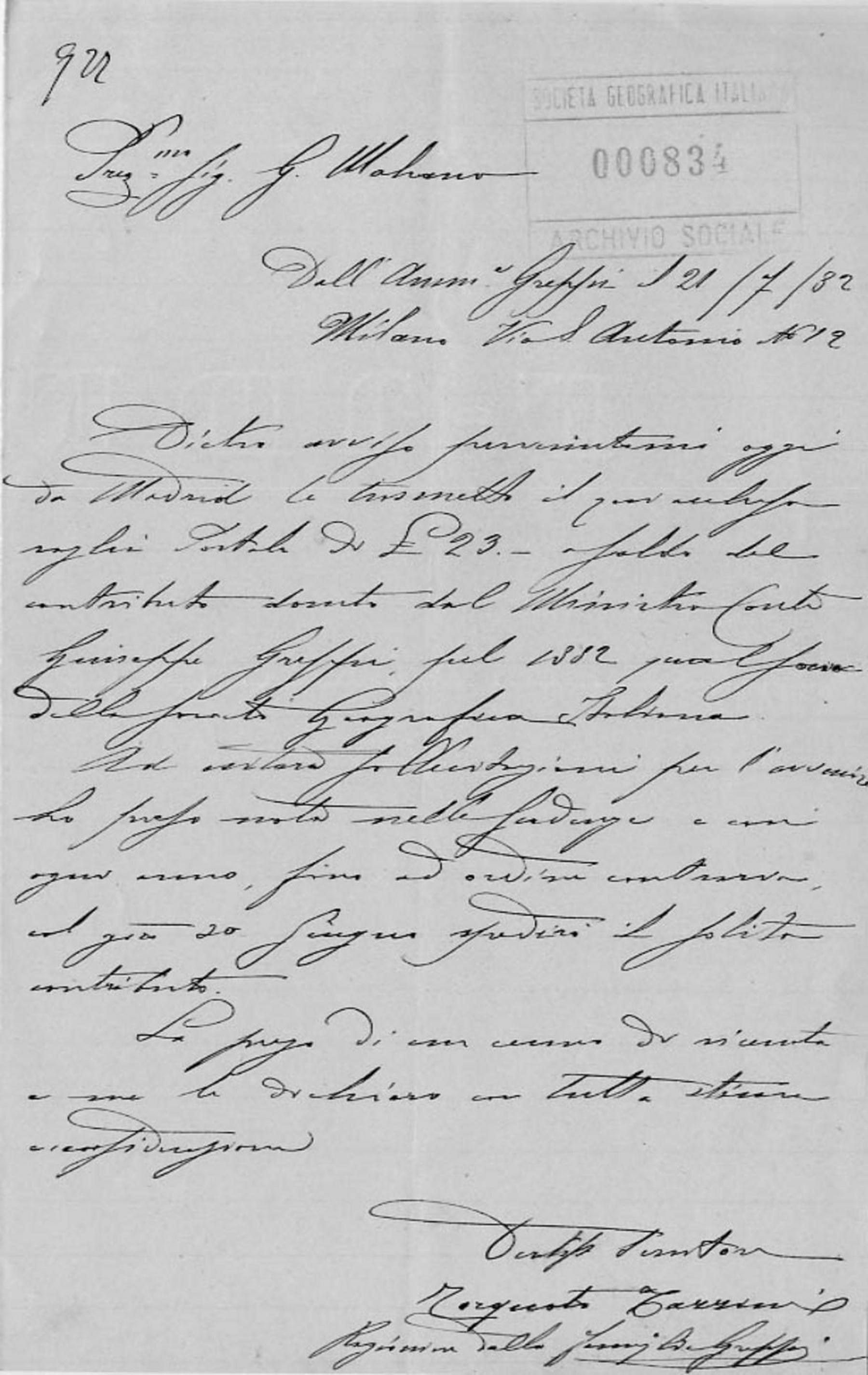 Giuseppe Greppi a Giacomo Malvano 21.7.1882