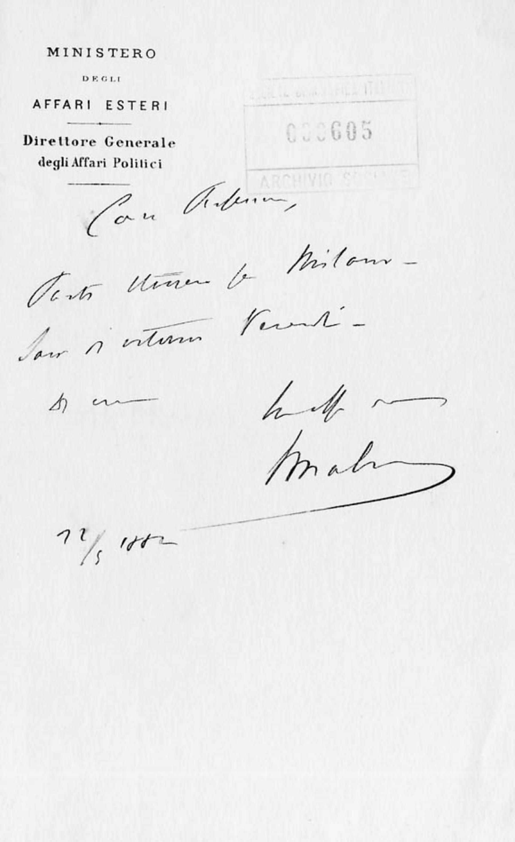 Giacomo Malvano a Giuseppe Dalla Vedova 22.5.1882