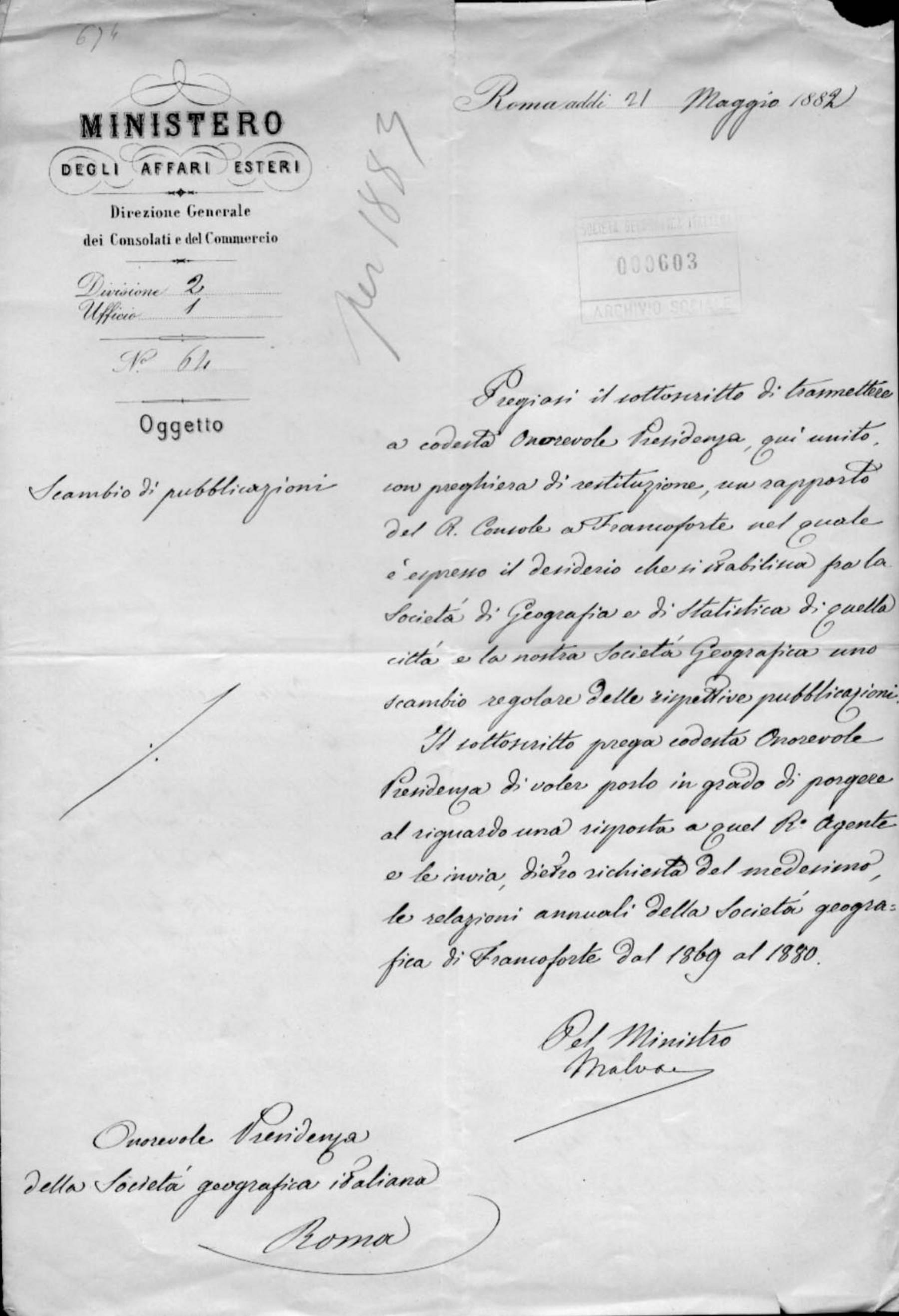 Giacomo Malvano a Onorato Caetani 21.5.1882