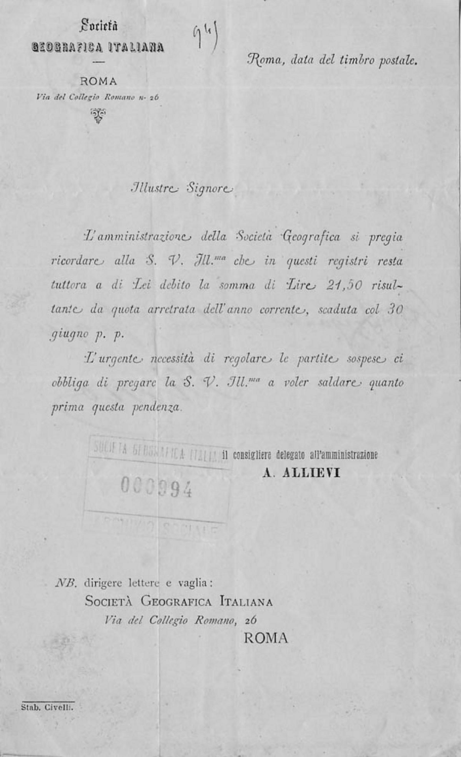 Antonio Allievi a Giuseppe Briganti Bellini ante 13.7.1883