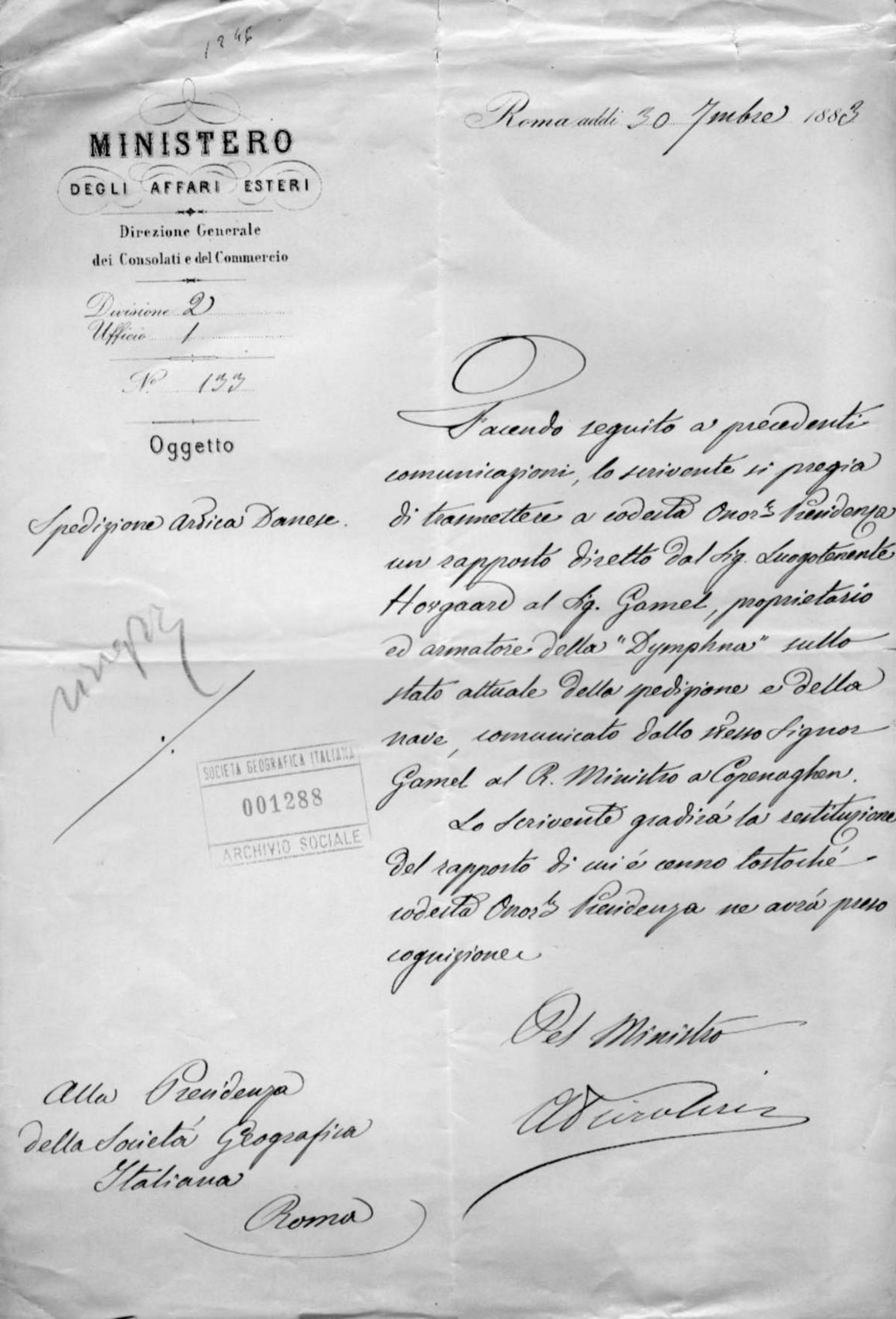 Augusto Peiroleri a Onorato Caetani 30.9.1883