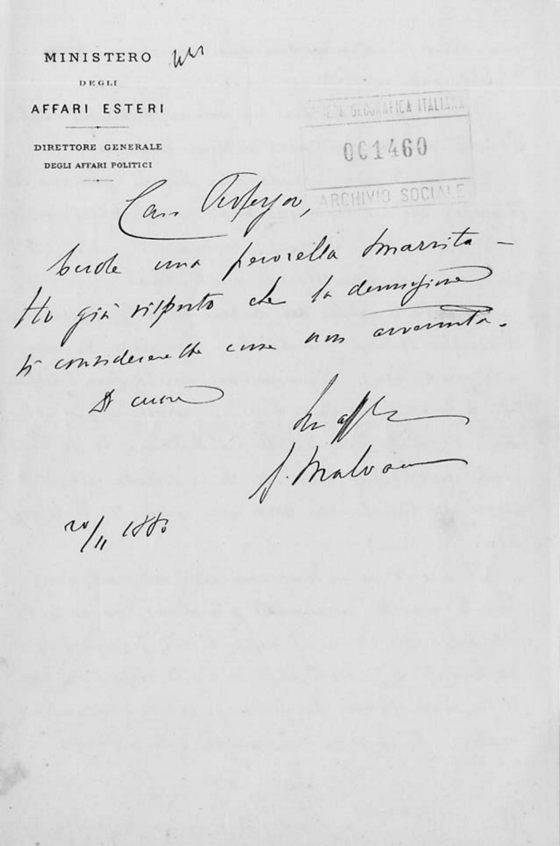 Giacomo Malvano a Giuseppe Dalla Vedova 21.11.1883