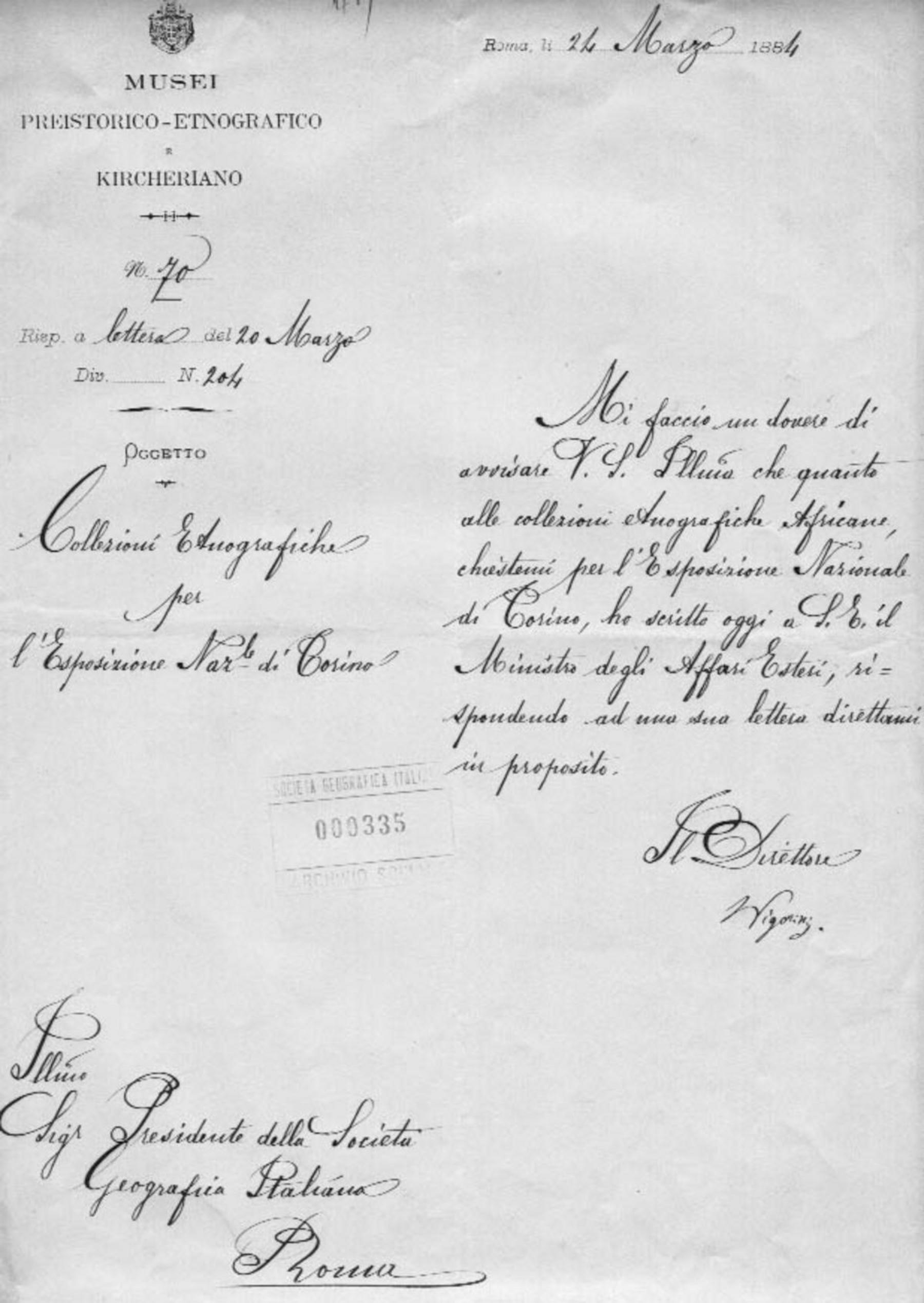 Luigi Pigorini a Onorato Caetani 24.3.1884