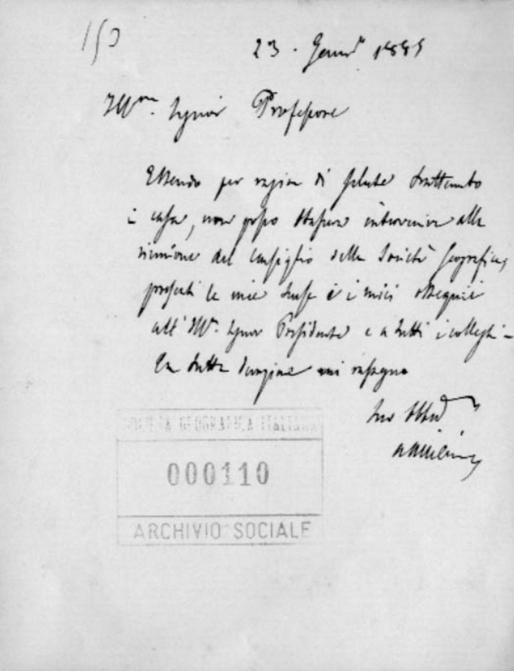 Antonio Allievi a Giuseppe Dalla Vedova 23.1.1885