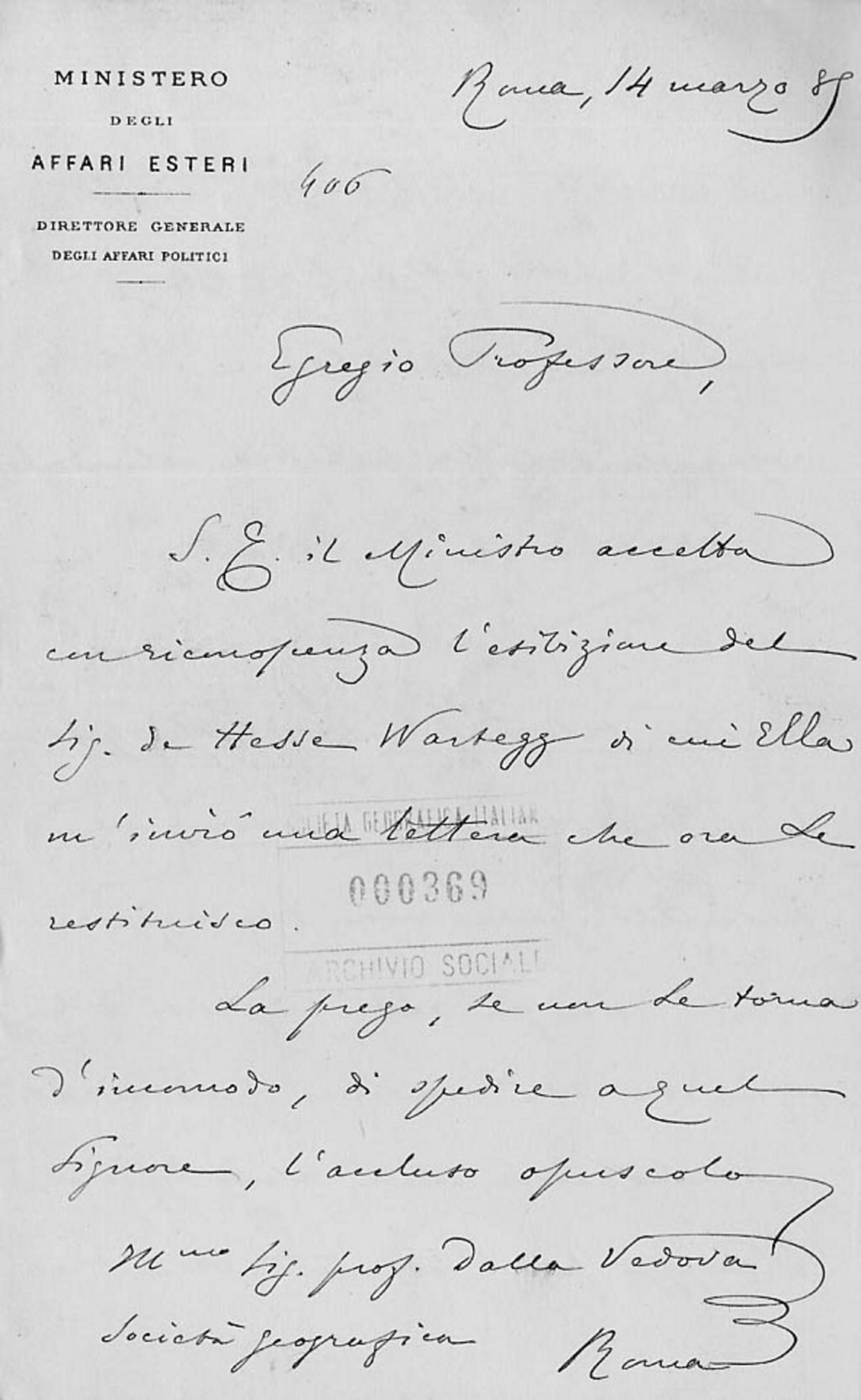 Giacomo Malvano a Giuseppe Dalla Vedova 14.3.1885