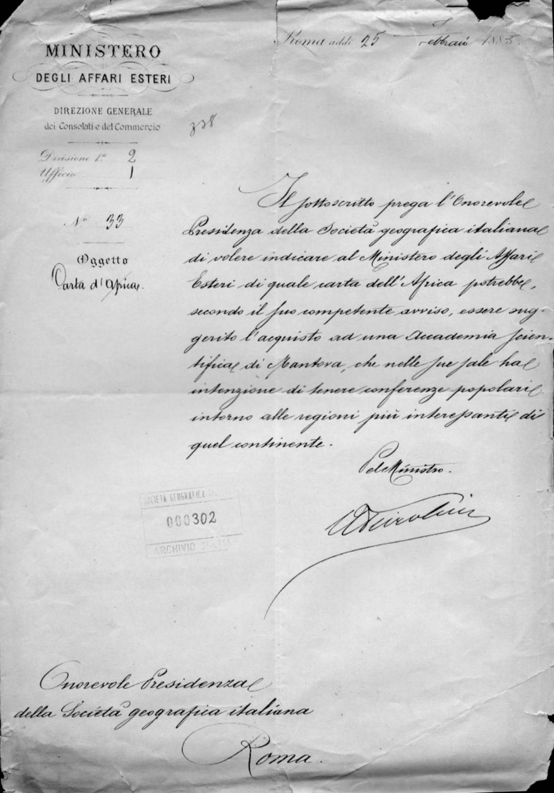 Augusto Peiroleri a Onorato Caetani 25.2.1885