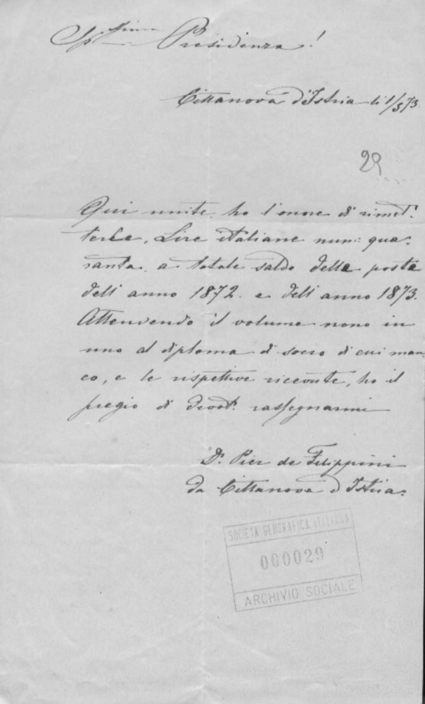 Pietro De Filippini a Cesare Correnti 1.5.1873