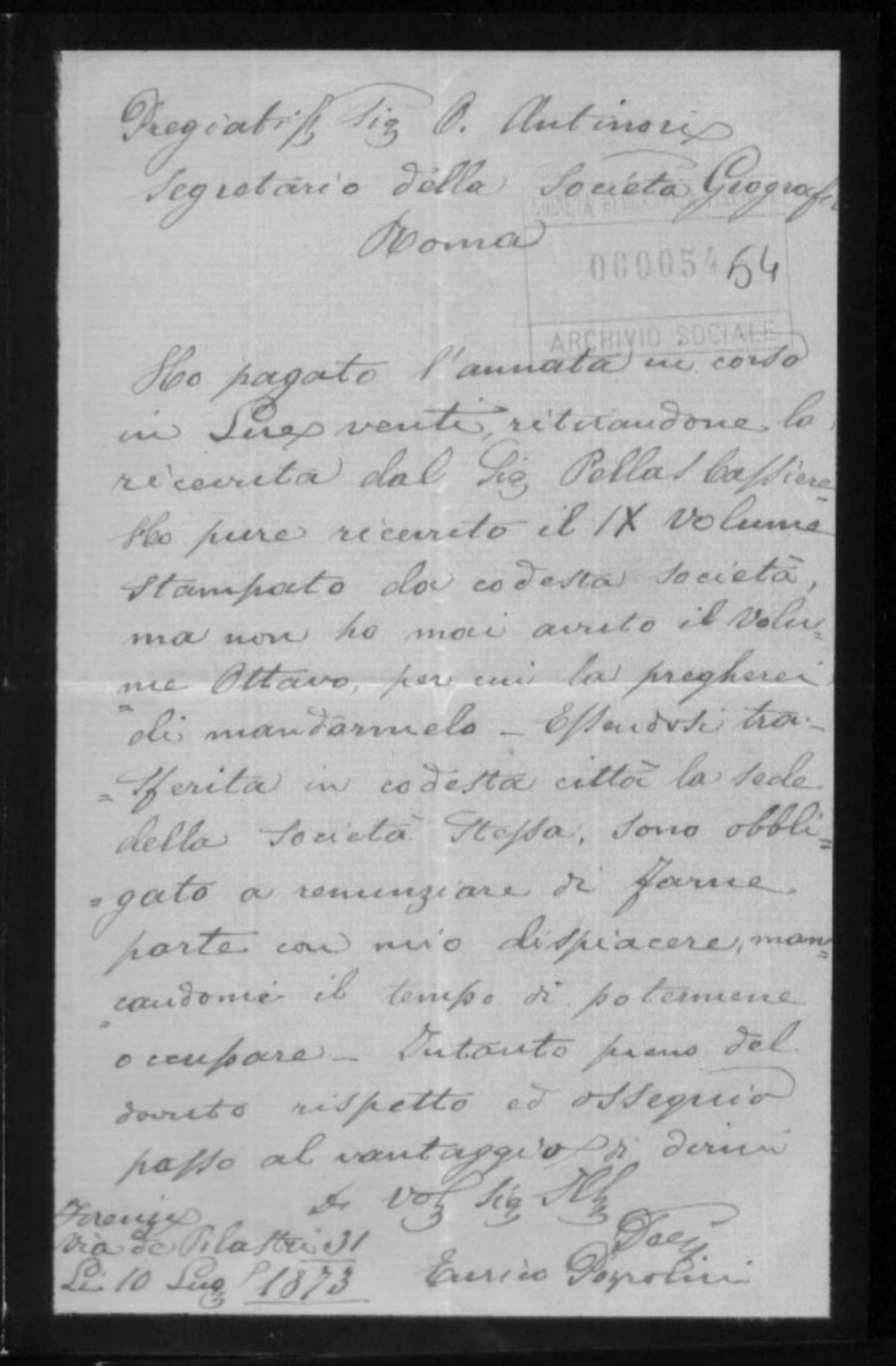 Enrico Pozzolini a Orazio Antinori 10.7.1873