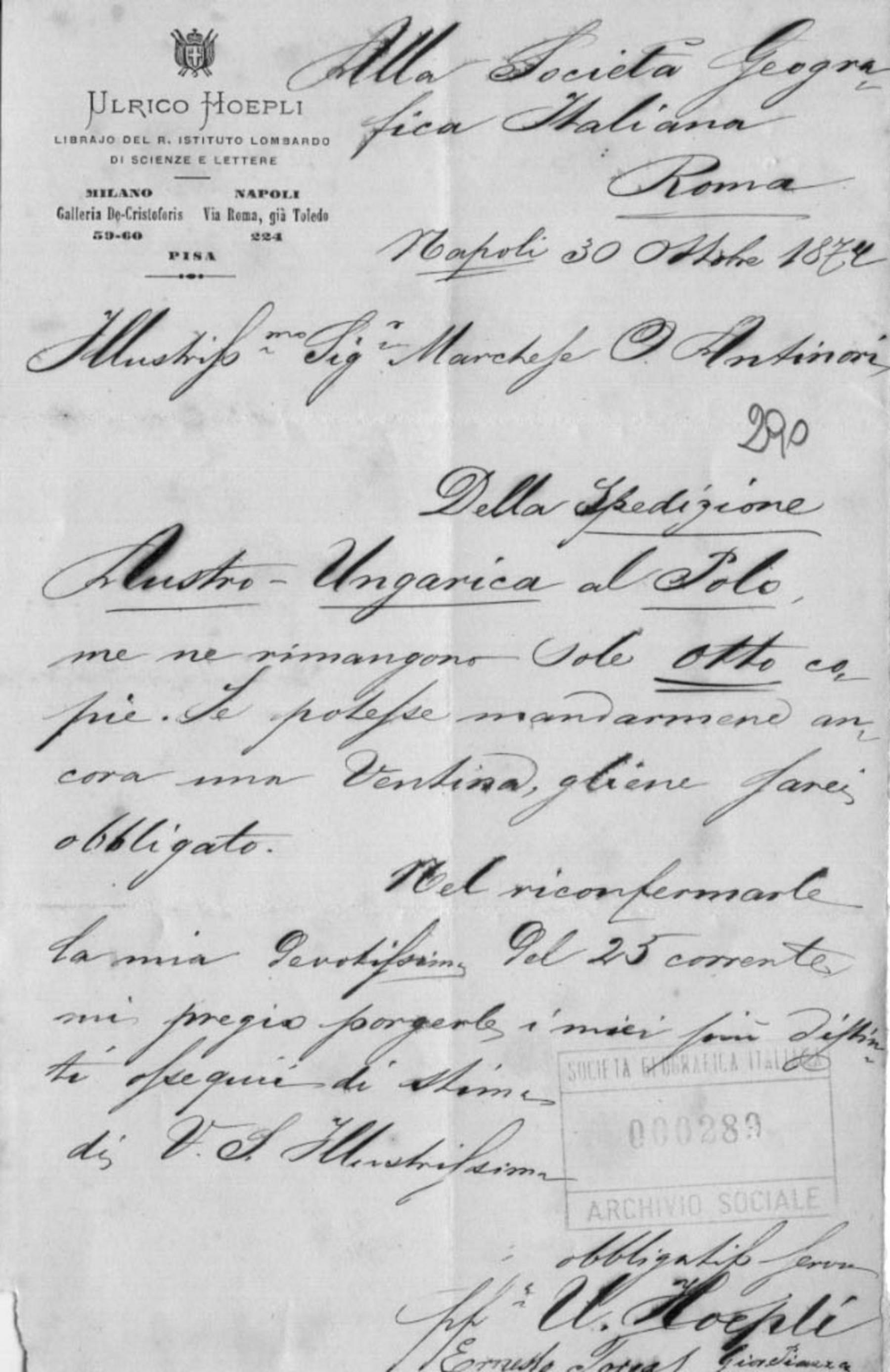 Ulrico Hoepli a Orazio Antinori 30.10.1874
