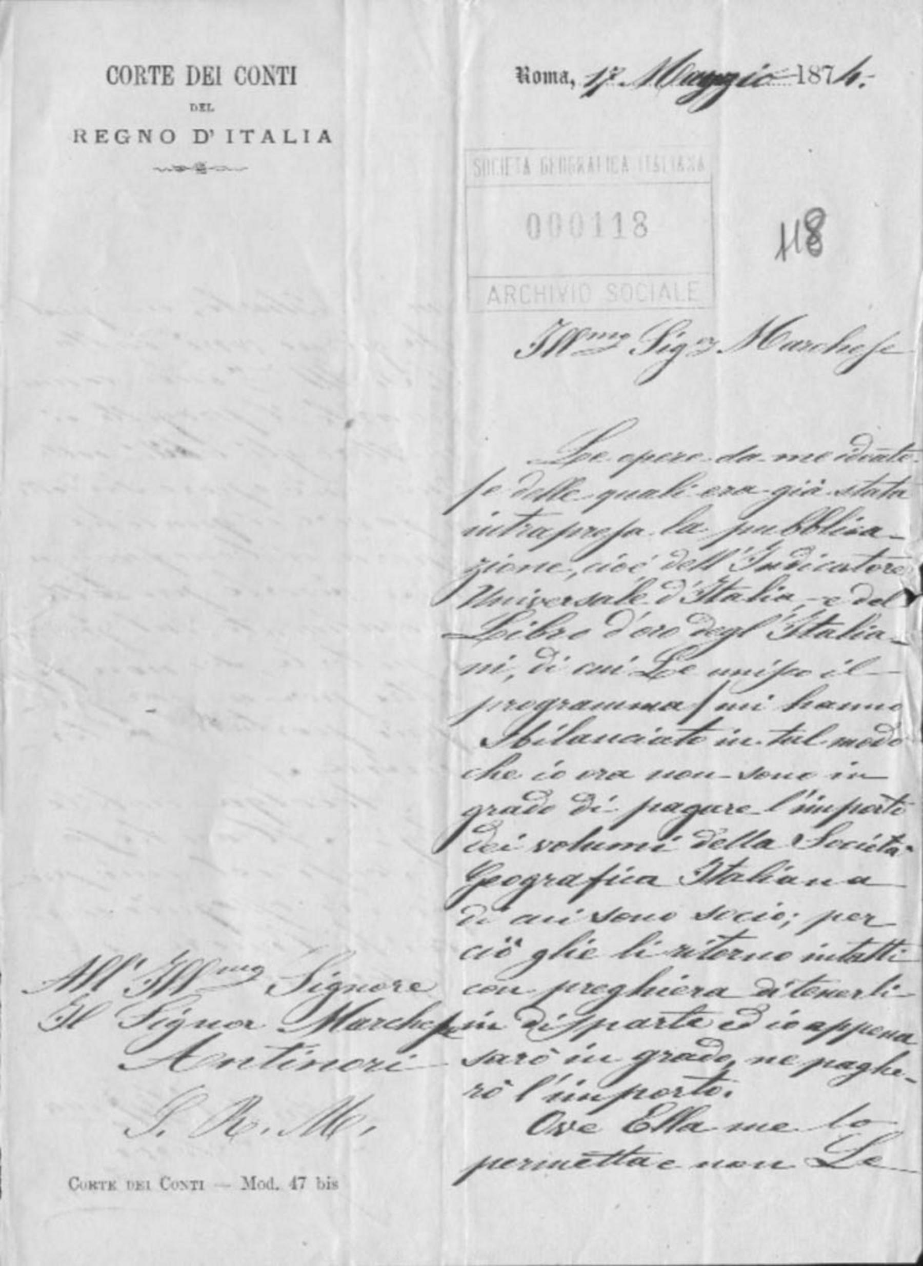 Germano Picco a Orazio Antinori 17.5.1874