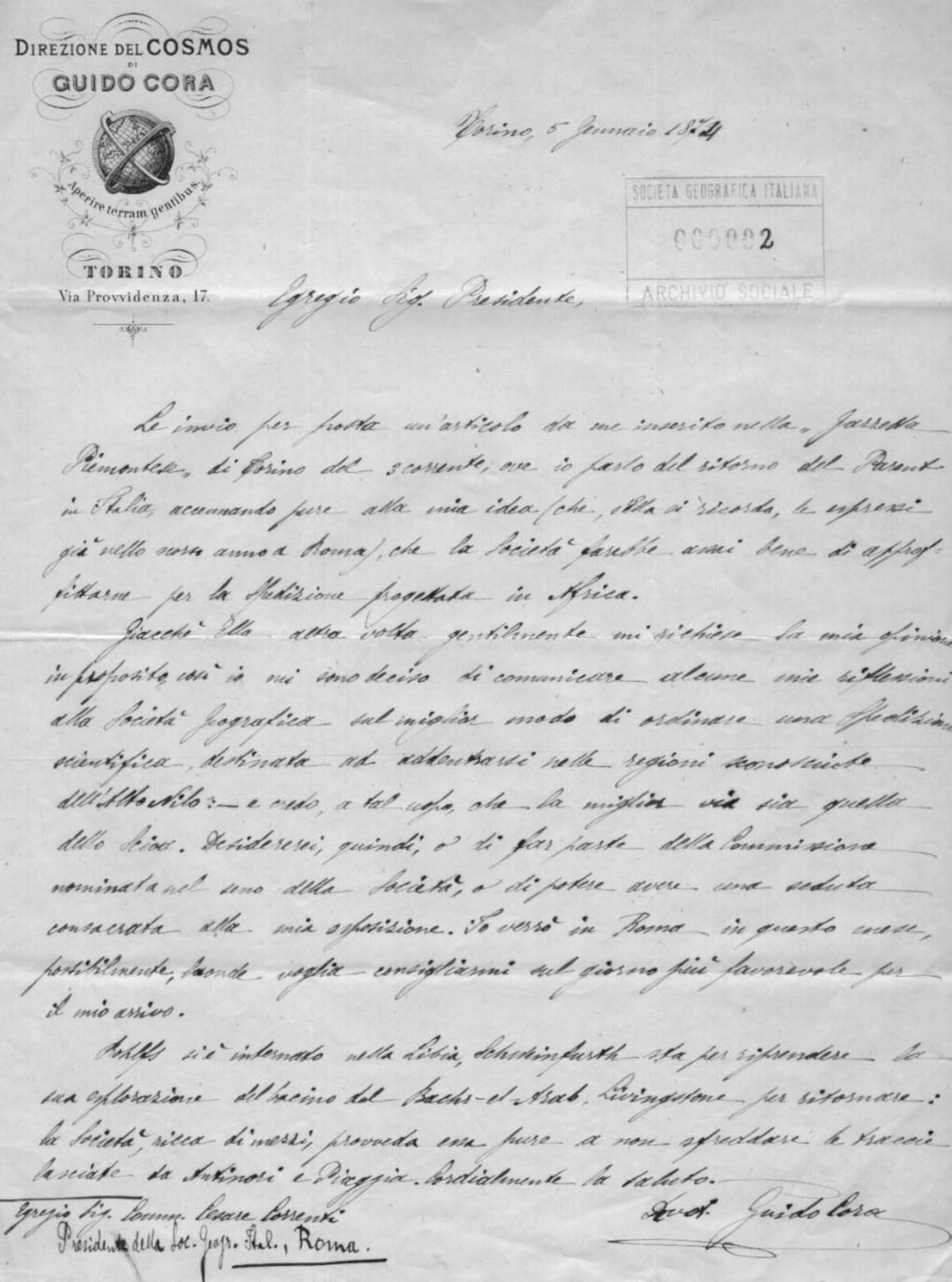 Guido Cora a Cesare Correnti 5.1.1874