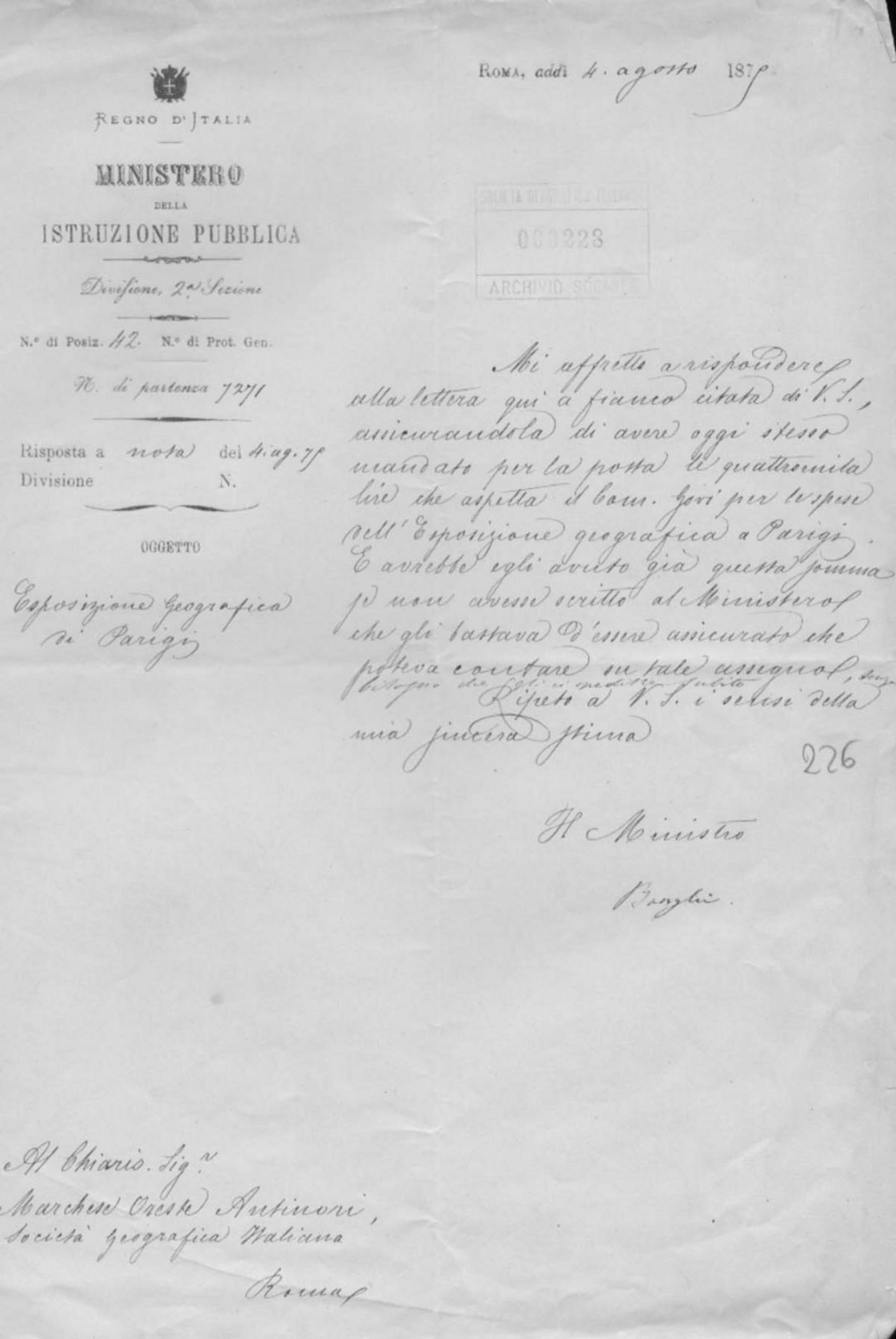 Ruggiero Bonghi a Orazio Antinori 4.8.1875