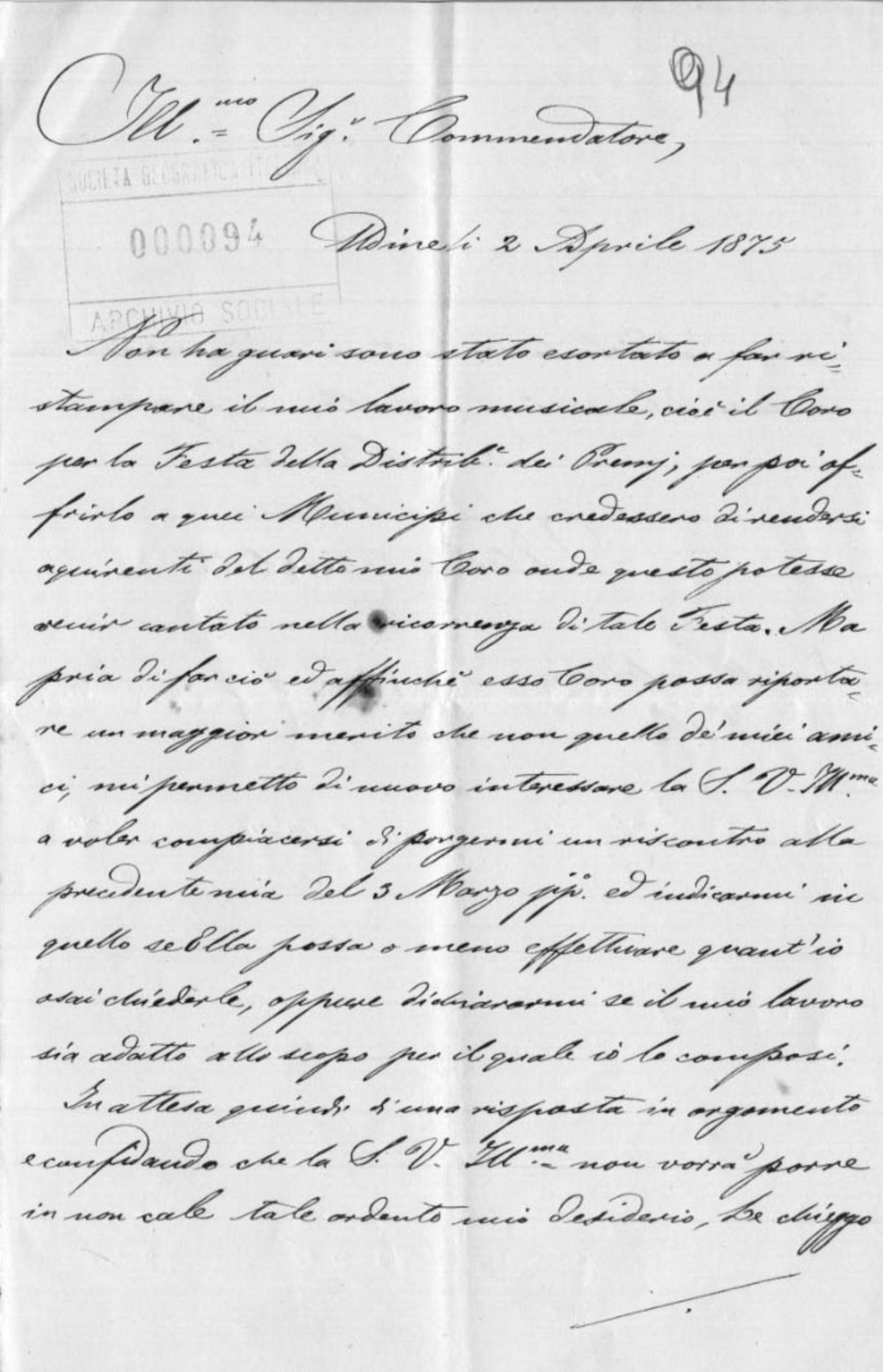 Italico Caselotti a Cesare Correnti 2.4.1875