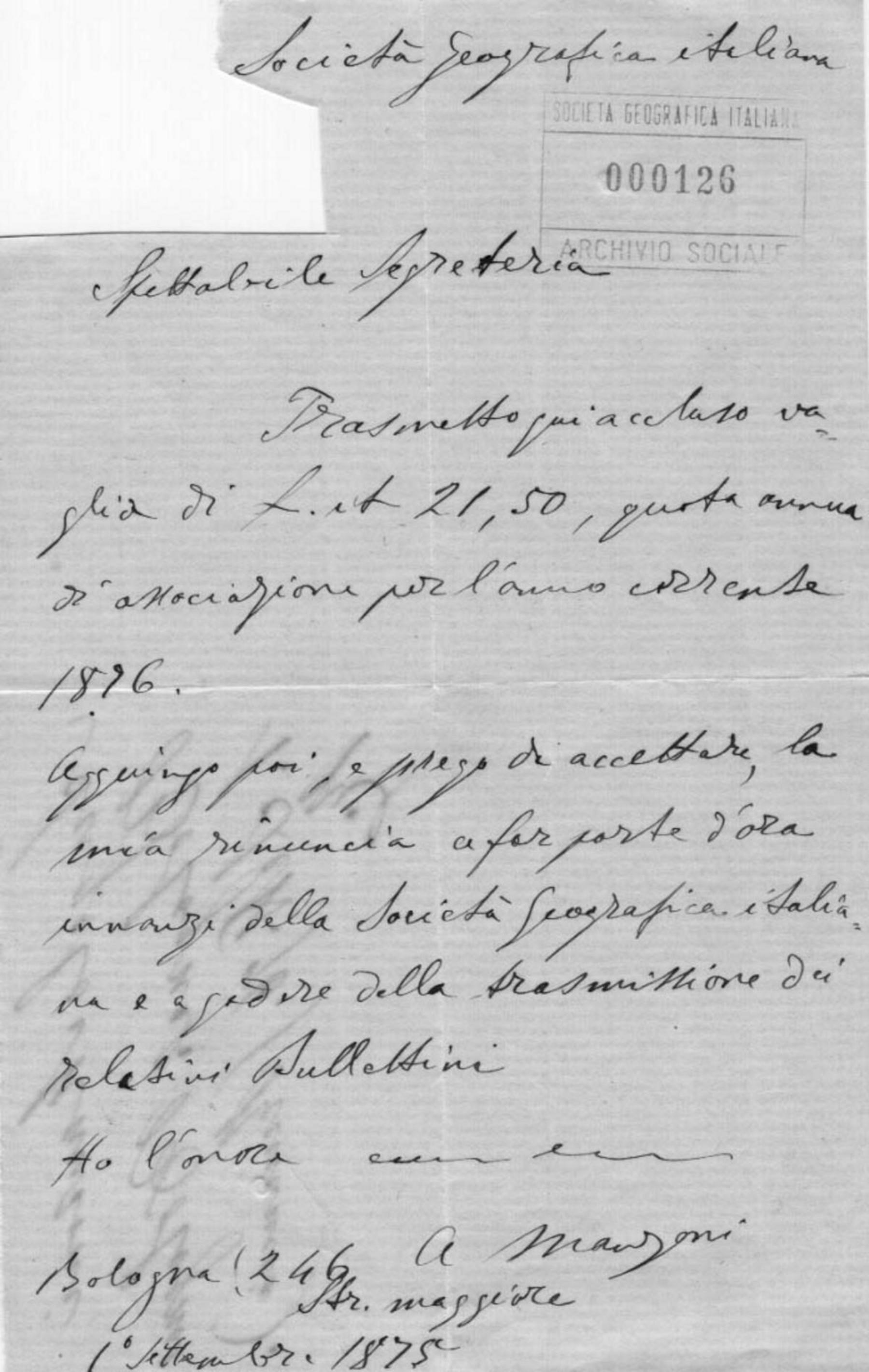 Angelo Manzoni a Società geografica italiana 1.9.1875
