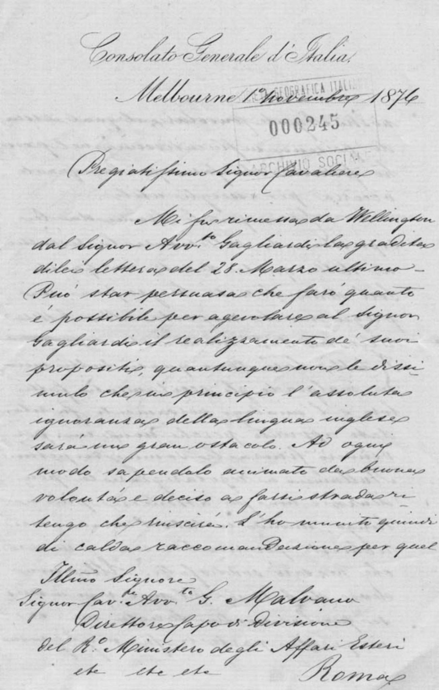 Luigi Marinucci a Giacomo Malvano 1.11.1876