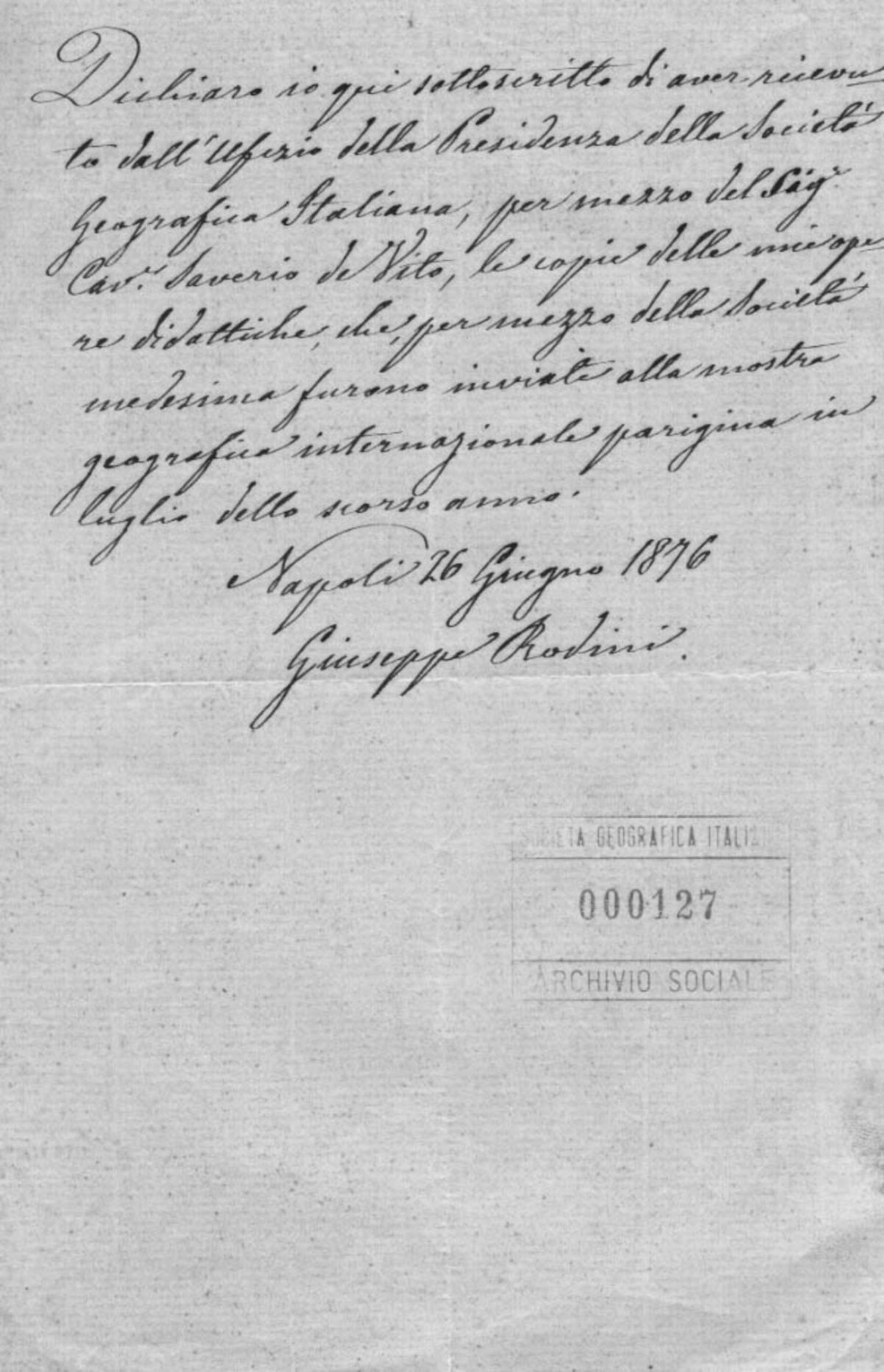 Giuseppe Rodini a Società geografica italiana 26.6.1876