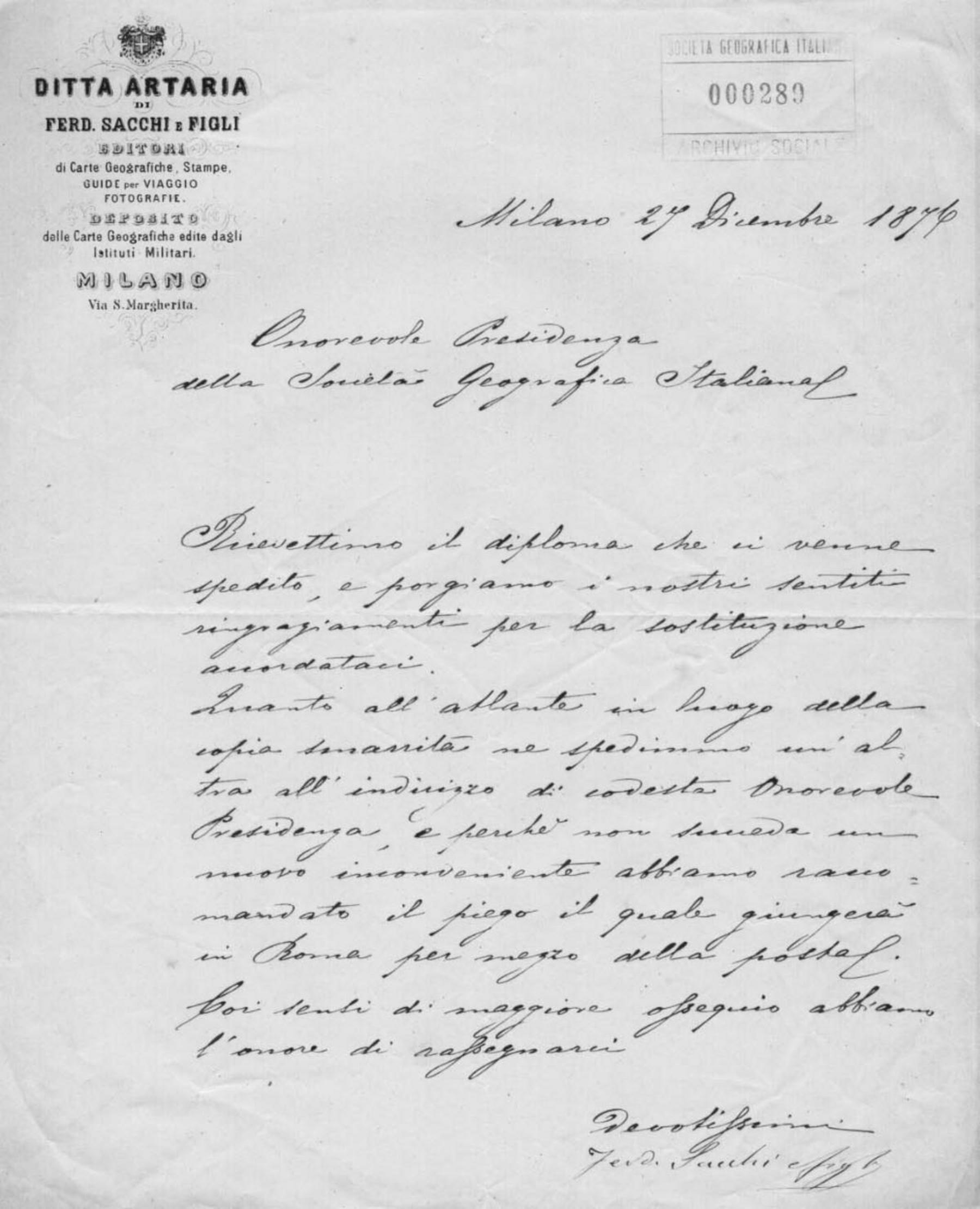 Ferdinando Sacchi e figli a Cesare Correnti 27.12.1876