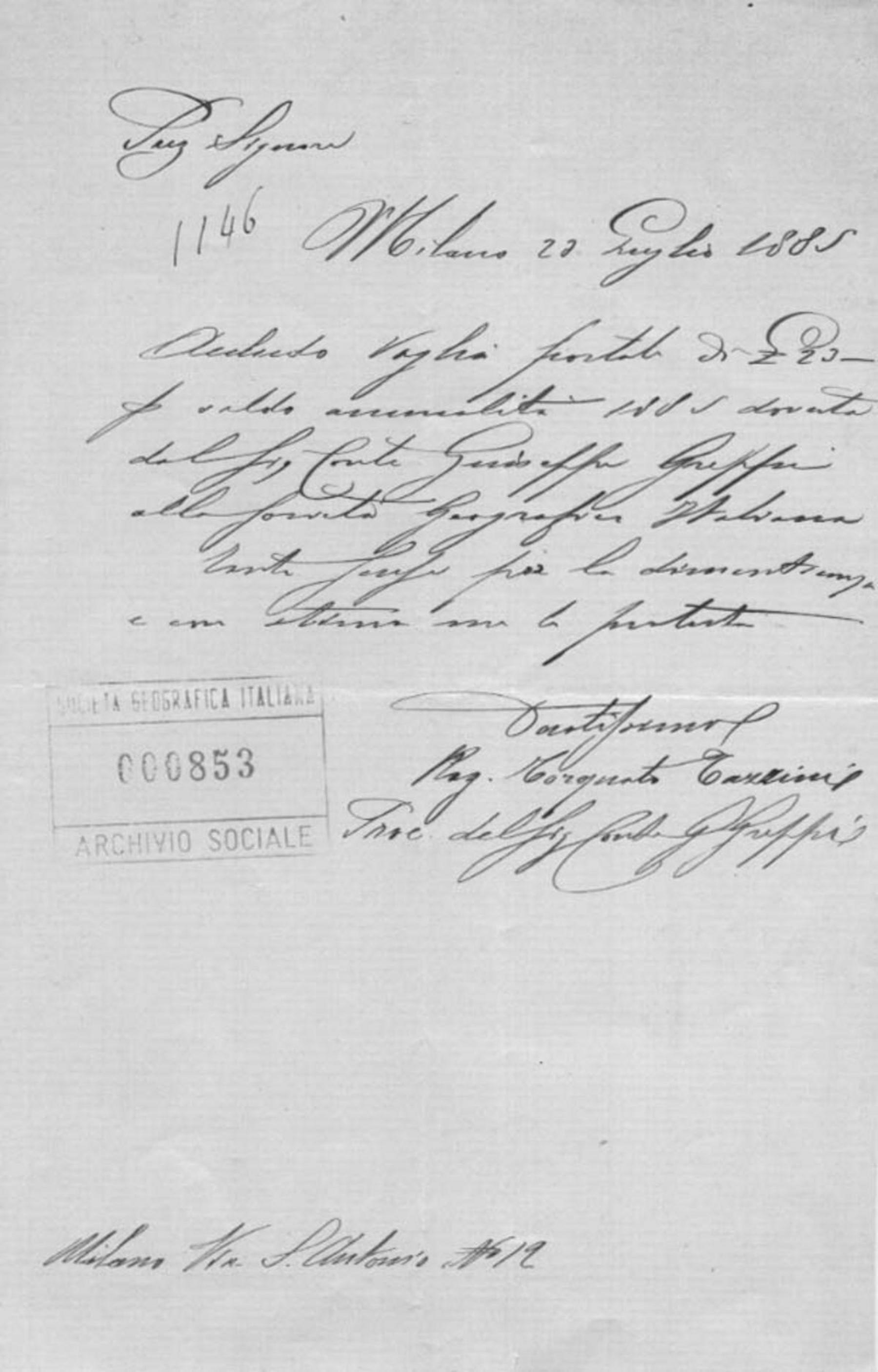 Giuseppe Greppi a Società geografica italiana 23.7.1885