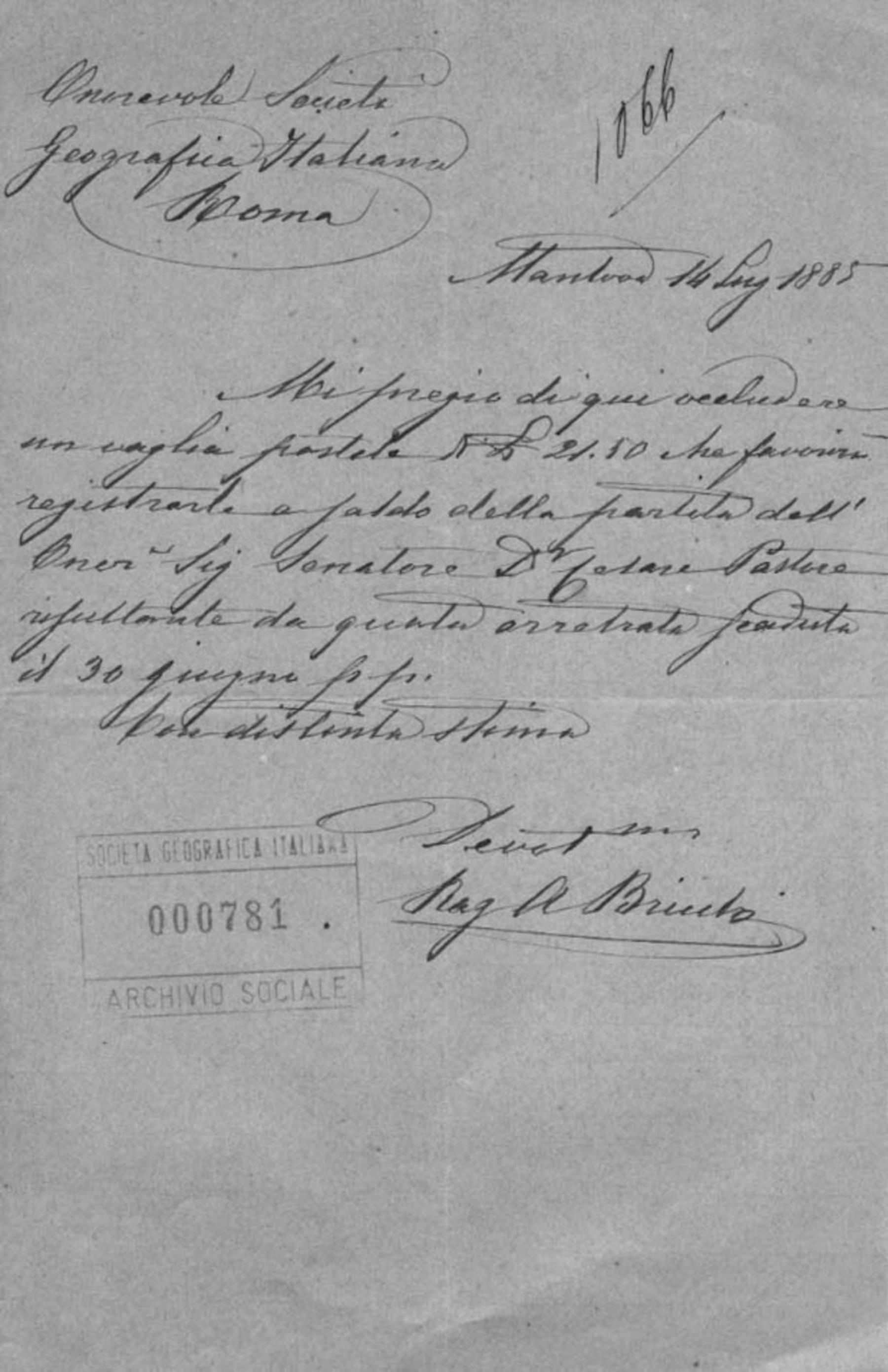 Cesare Pastore a Società geografica italiana 14.7.1885