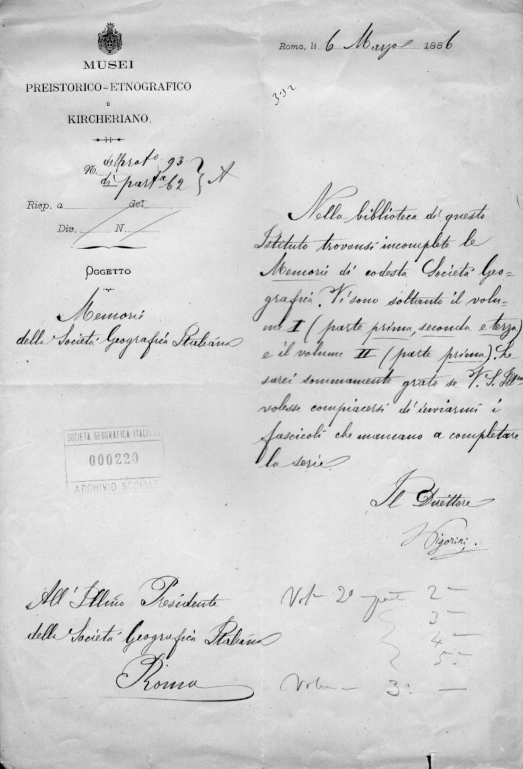 Luigi Pigorini a Onorato Caetani 6.3.1886