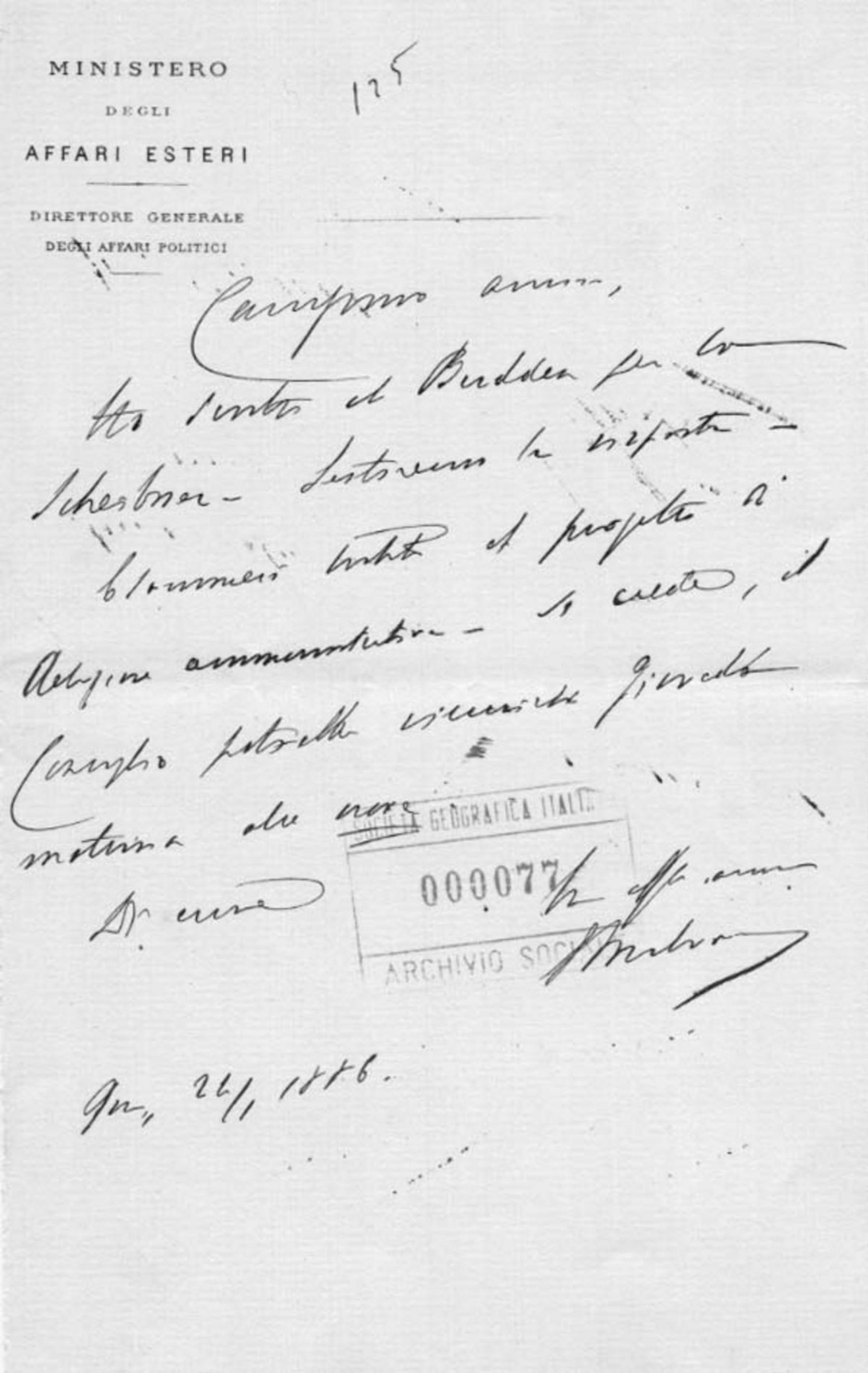 Giacomo Malvano a Società geografica italiana 22.1.1886