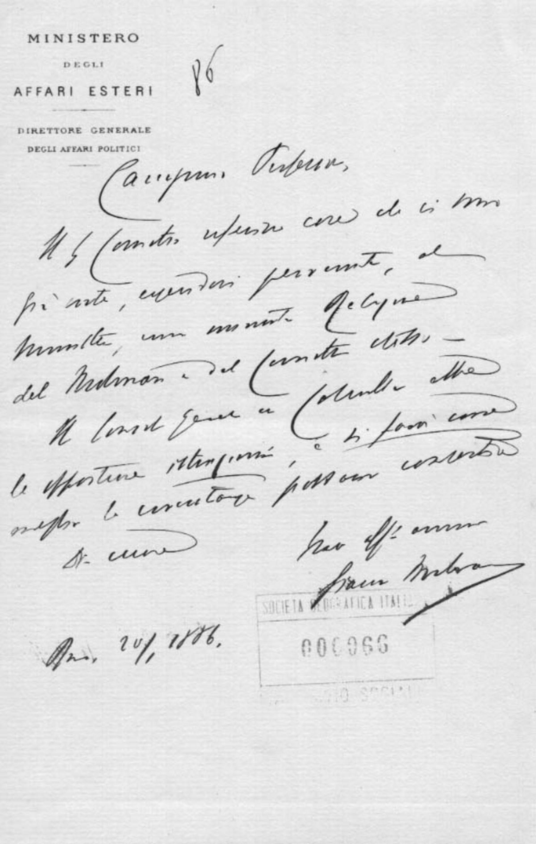 Giacomo Malvano a Giuseppe Dalla Vedova 20.1.1886