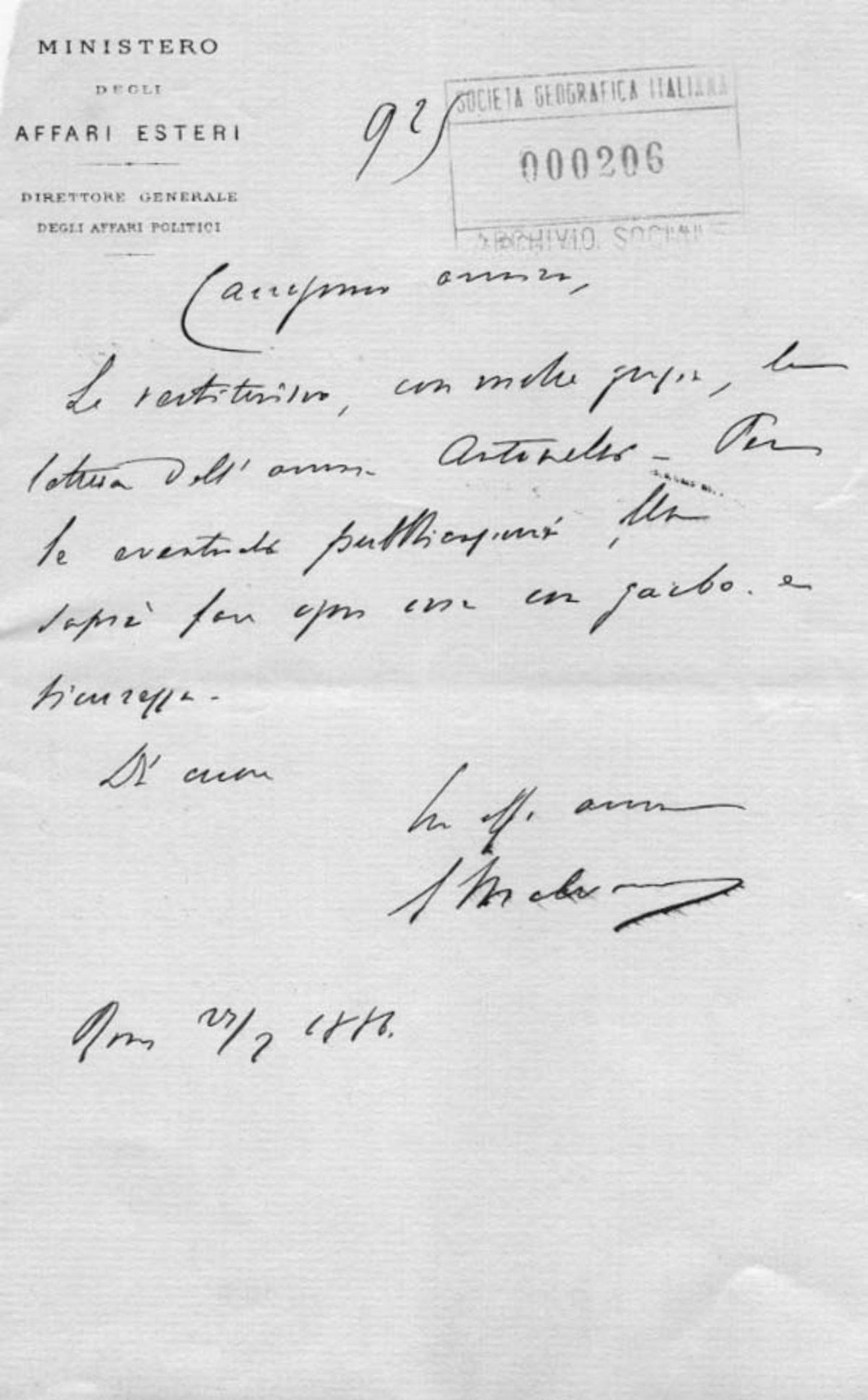 Giacomo Malvano a Società geografica italiana 23.2.1886