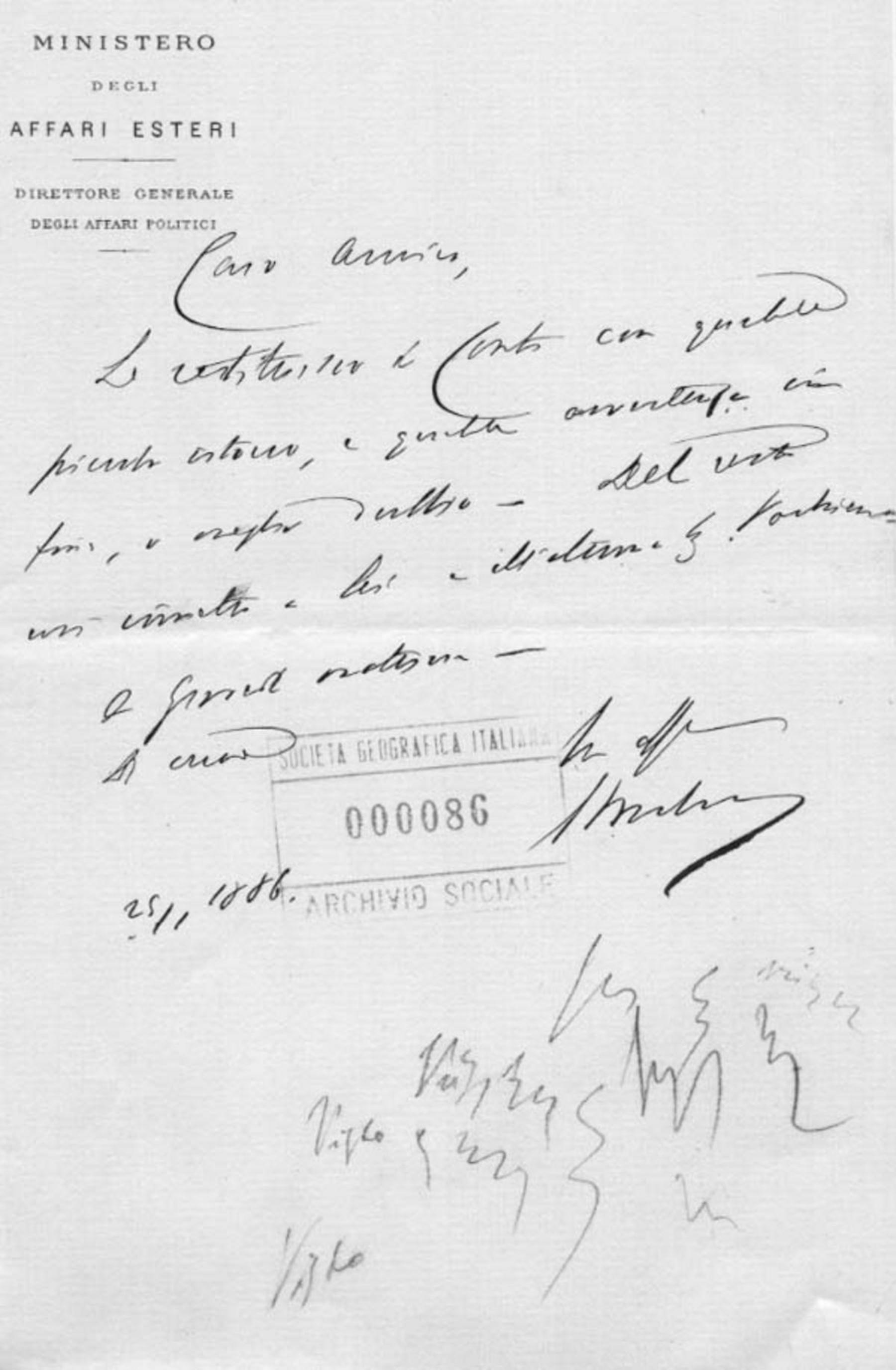 Giacomo Malvano a Società geografica italiana 25.1.1886