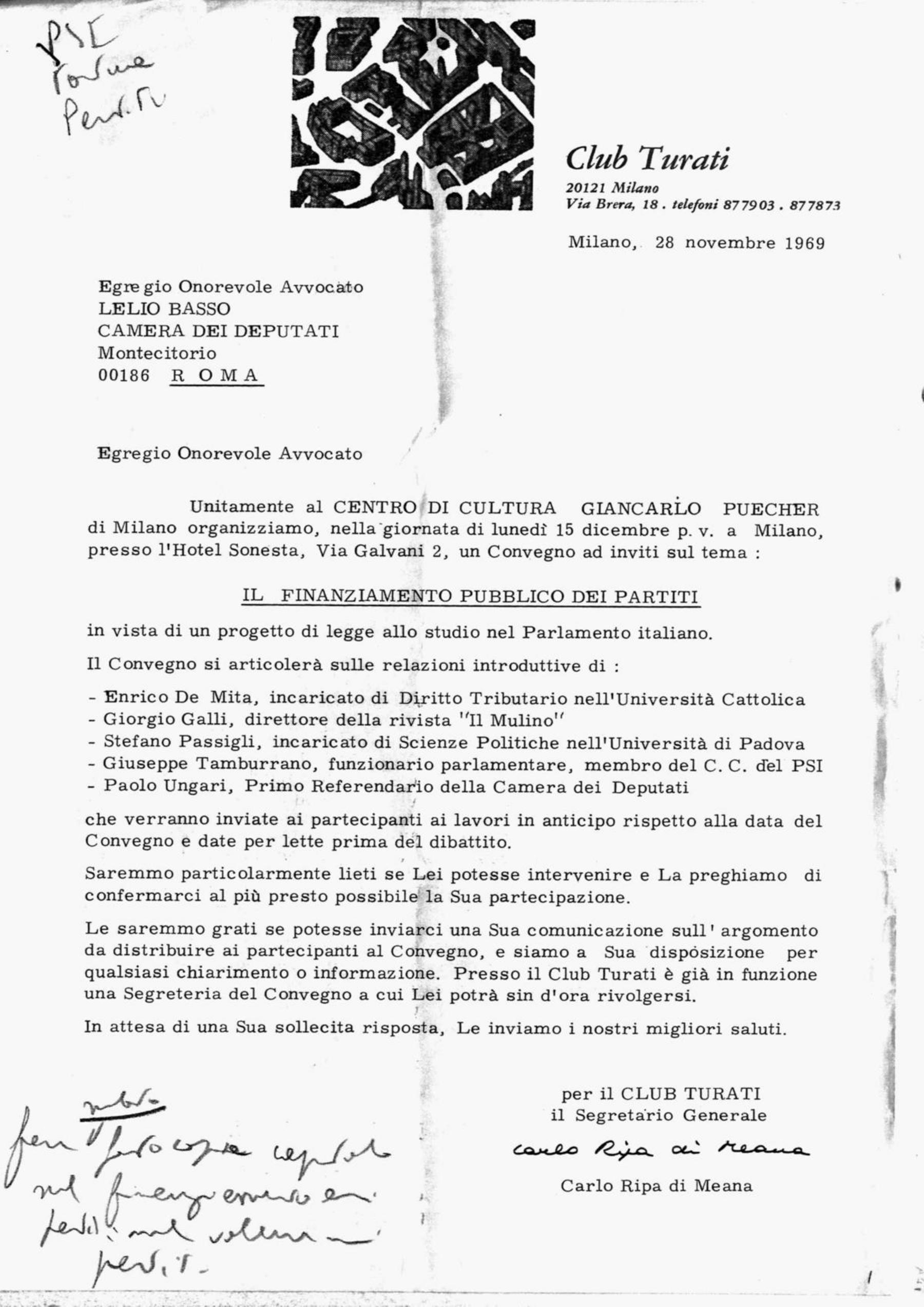 Convegno del Club Turati e Centro Giancarlo Puecher "Il finanziamento dei partiti" (Milano, 15 dic. 1969)
