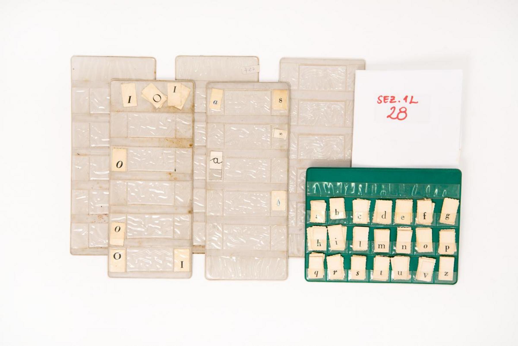 Cartelline in plastica contenenti le lettere dell'alfabeto