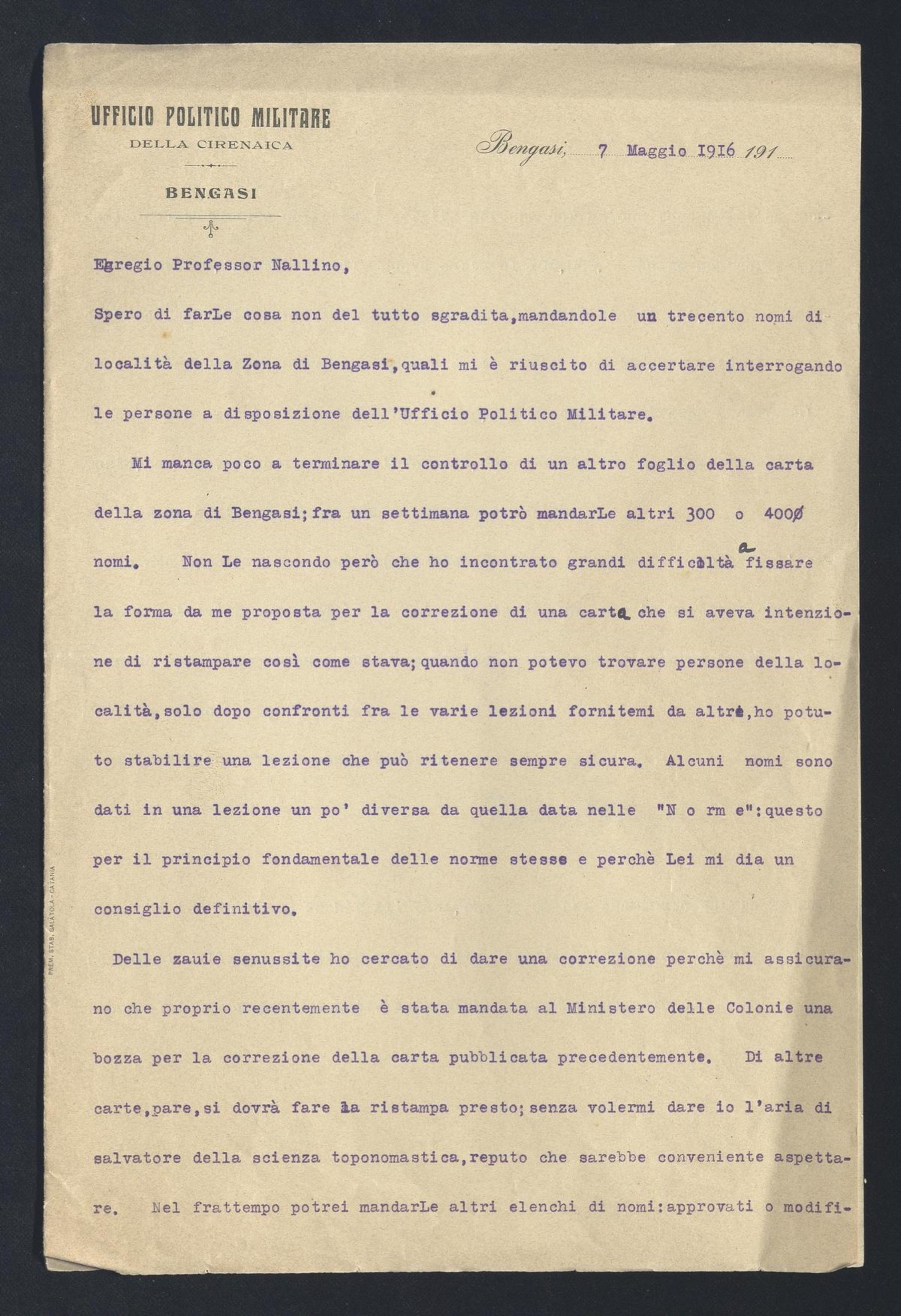 Romeo Campani a Carlo Alfonso Nallino, 7 mag. 1916