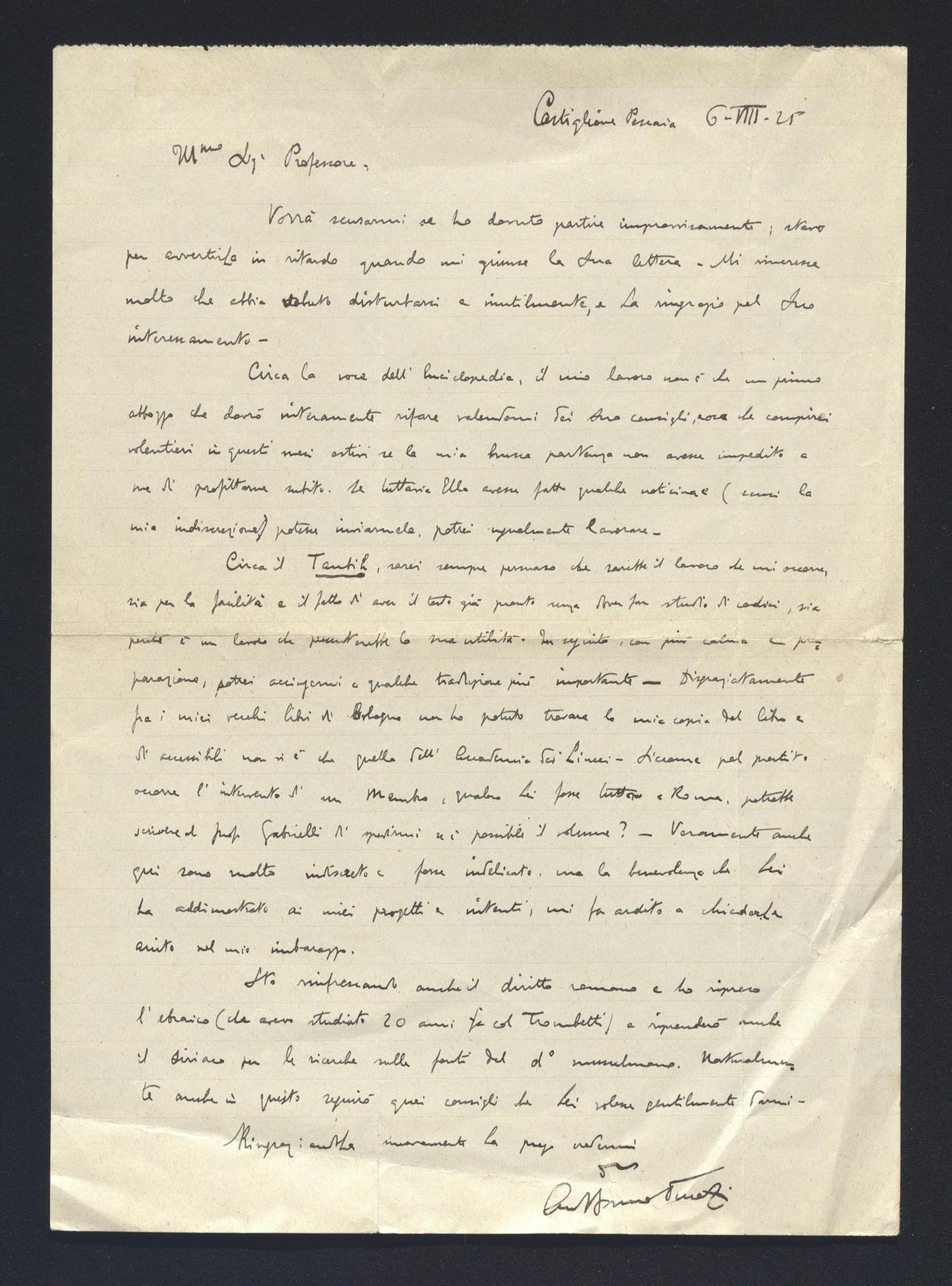 Bruno Ducati a Carlo Alfonso Nallino, 6 ago. 1925