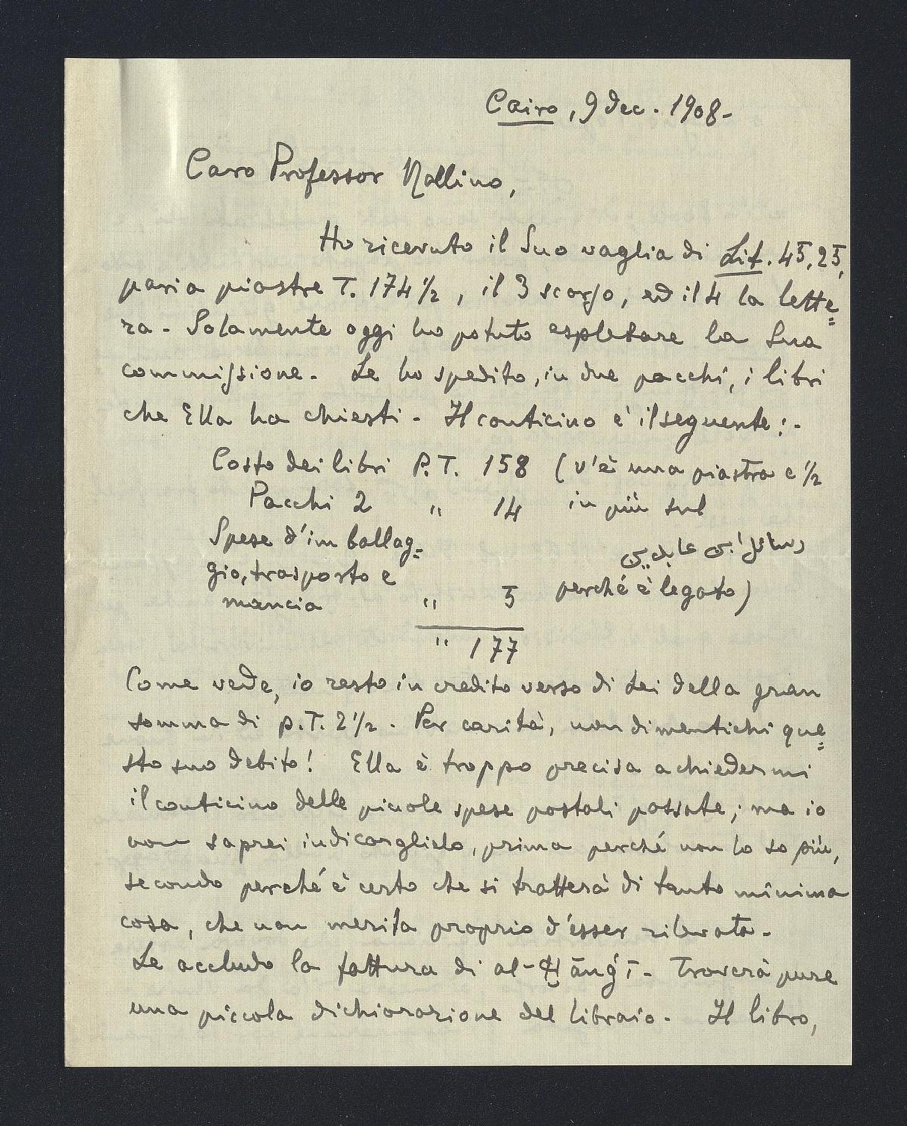 Riccardo Galiani a Carlo Alfonso Nallino, 9 dic. 1908