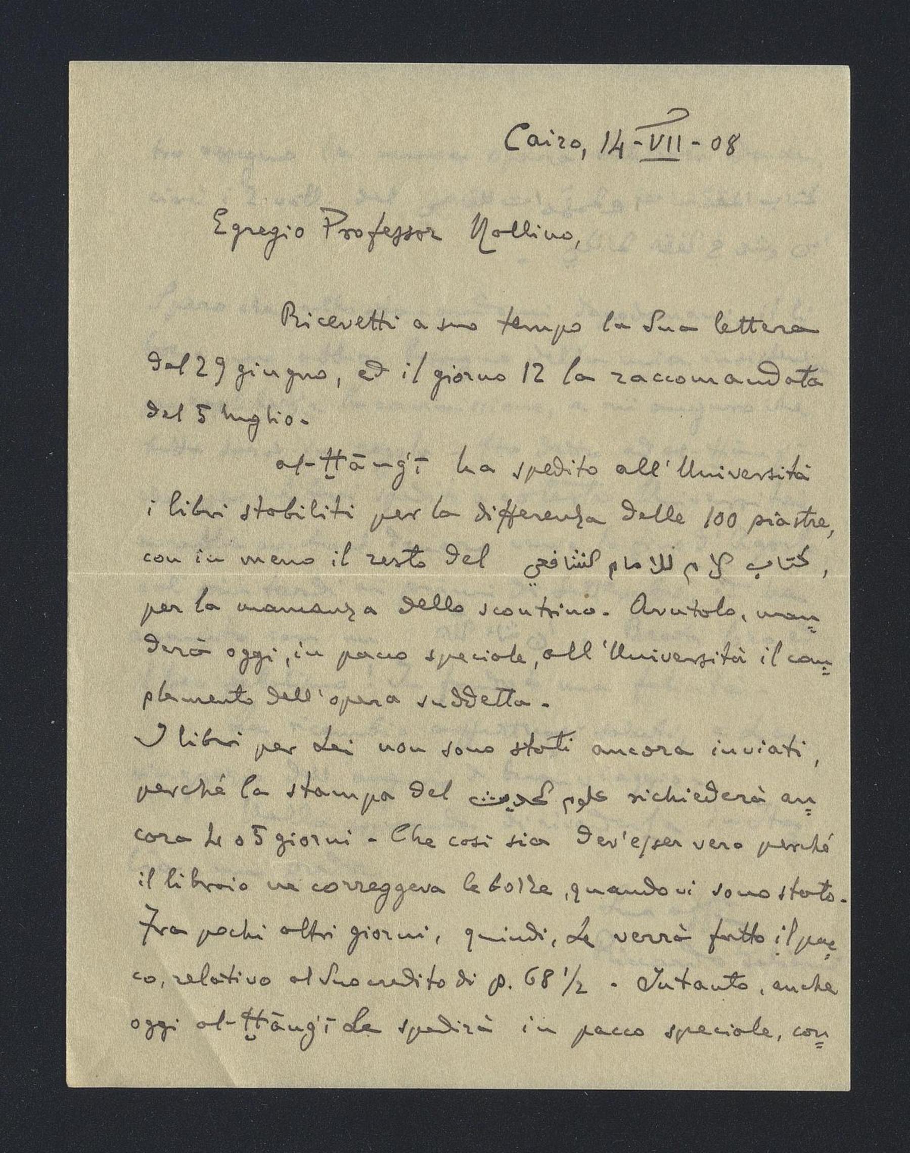 Riccardo Galiani a Carlo Alfonso Nallino, 14 lug. 1908