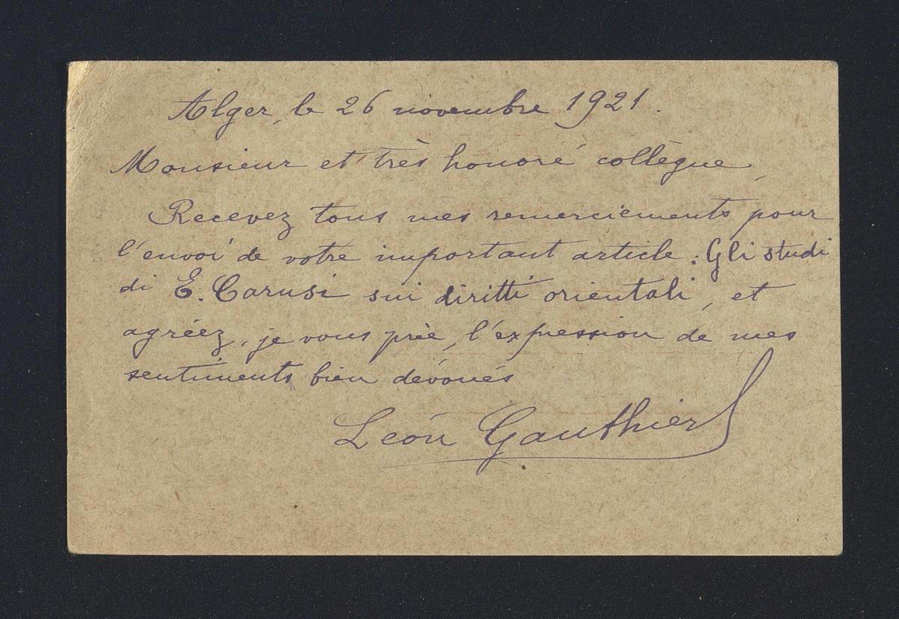Léon Gauthier a Carlo Alfonso Nallino, 26 nov. 1921