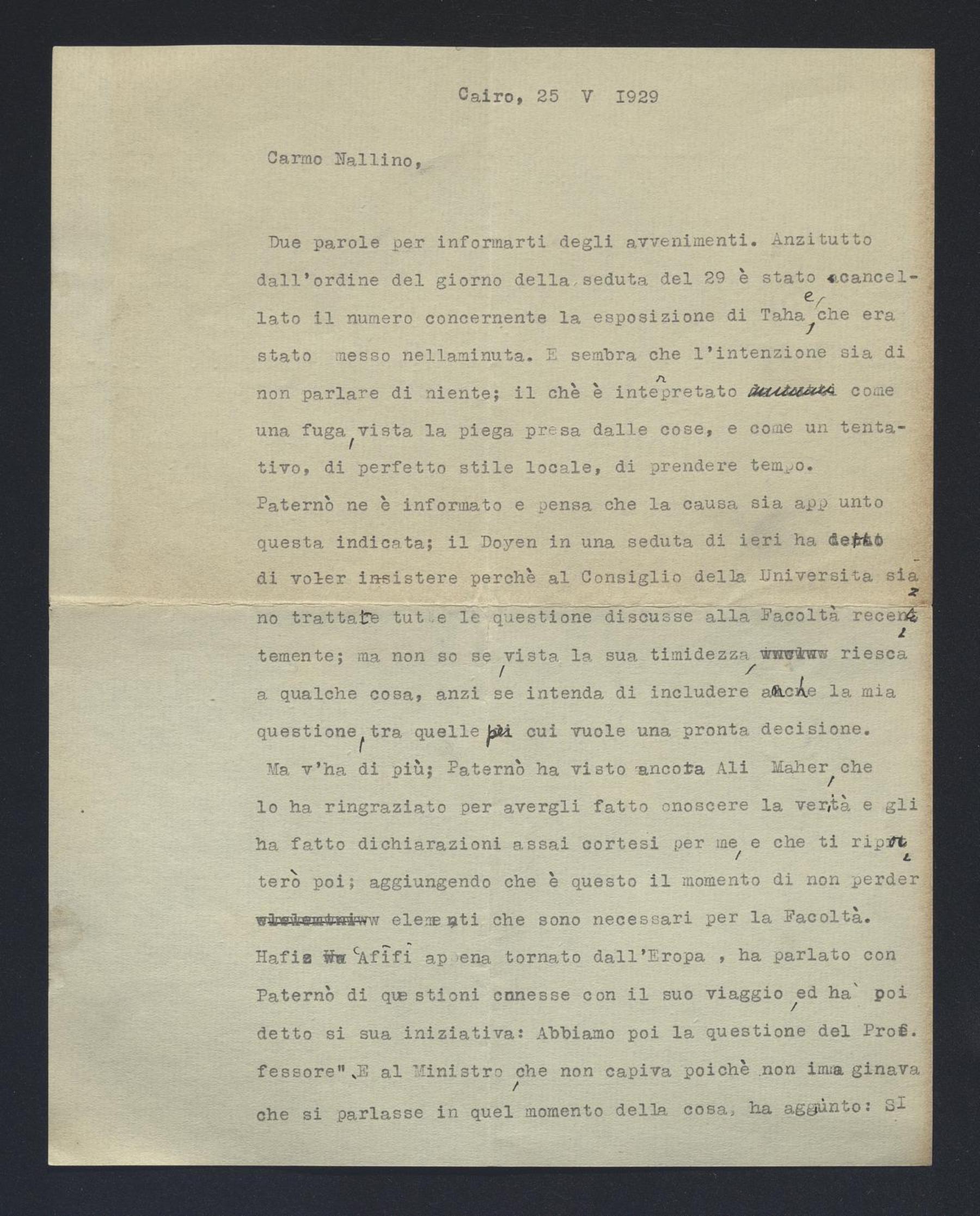 Michelangelo Guidi a Carlo Alfonso Nallino, 25 mag. 1929