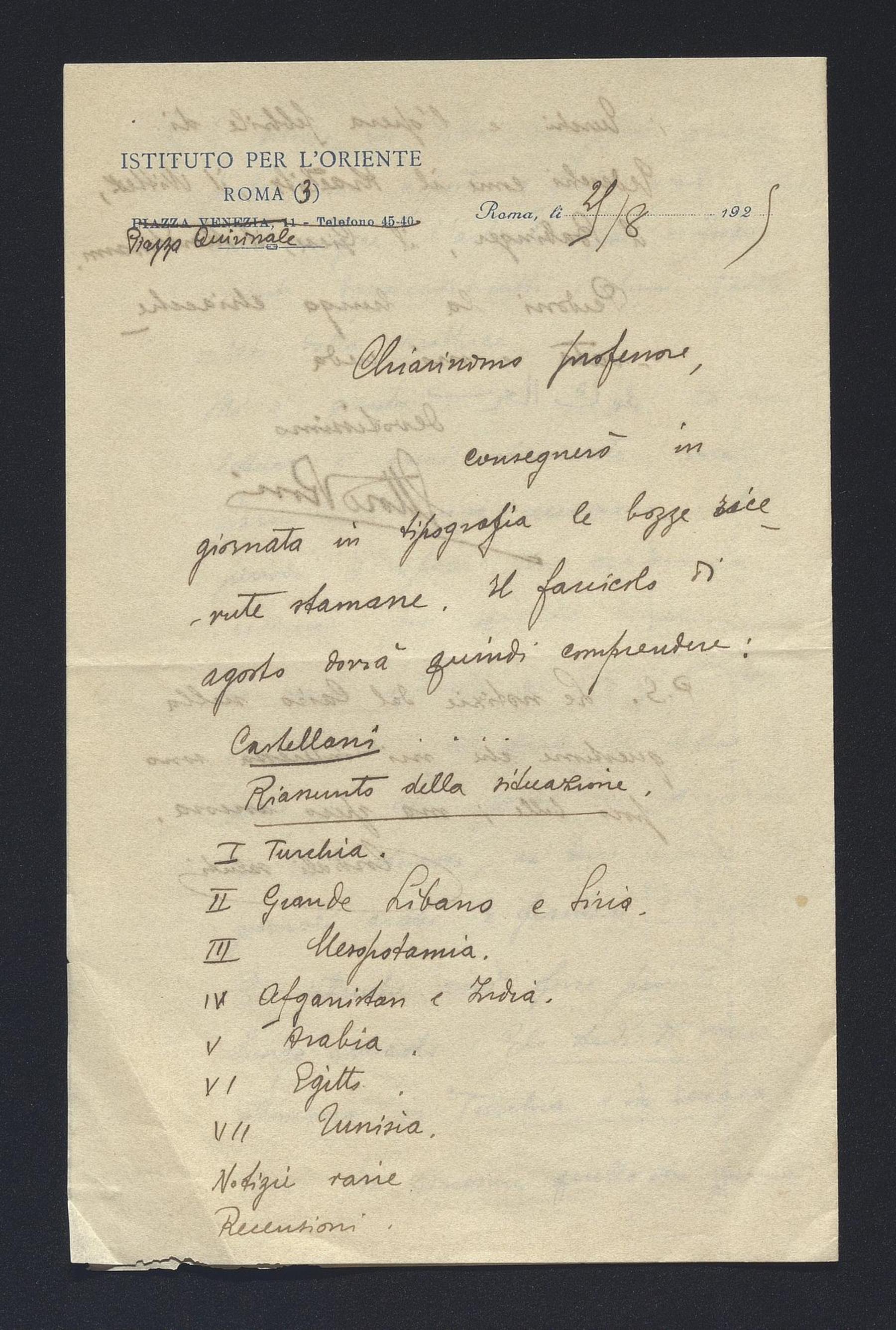 Ettore Rossi a Carlo Alfonso Nallino, 25 ago. 1925