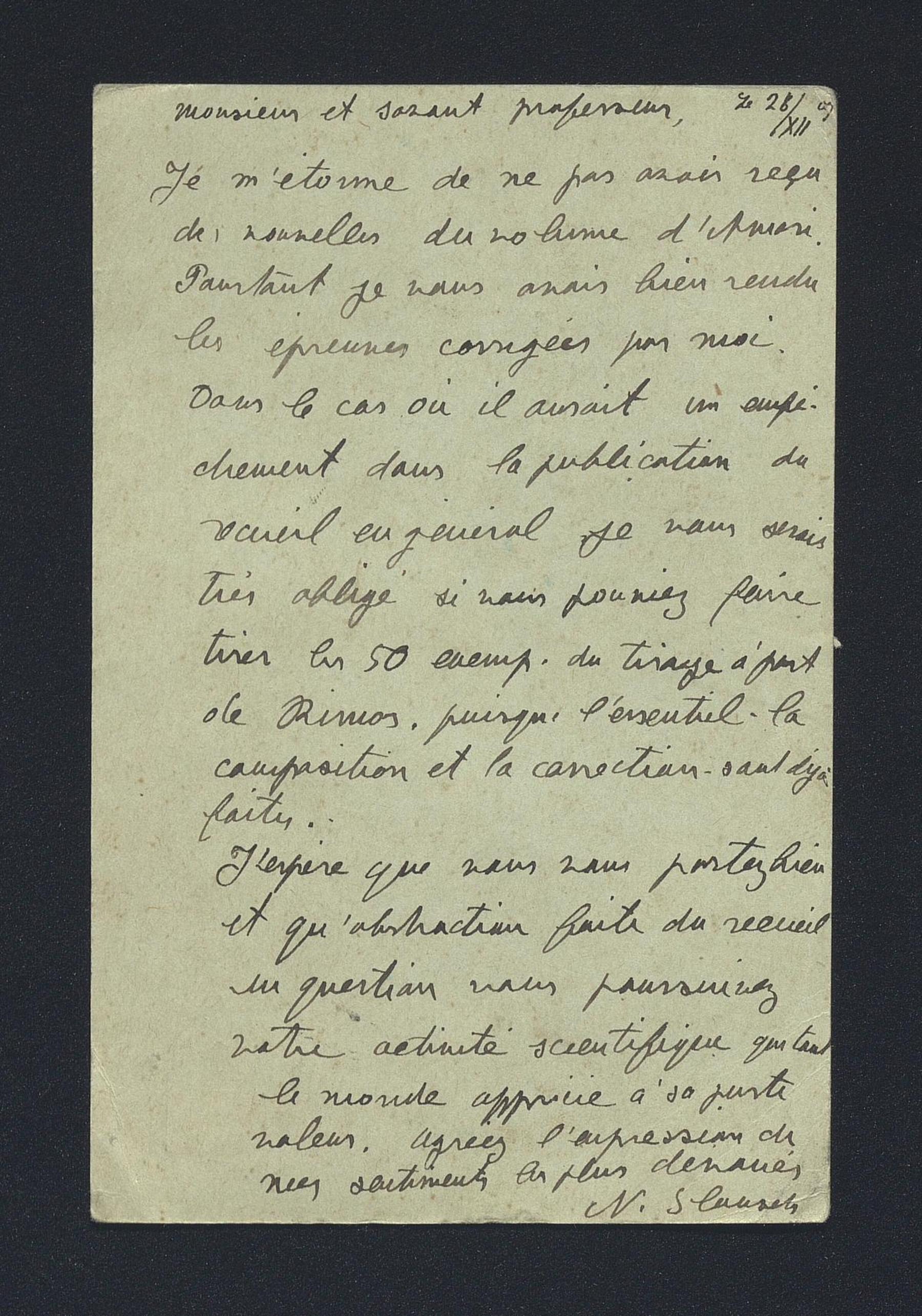 Nahum Slousch a Carlo Alfonso Nallino, 28 dic. 1909