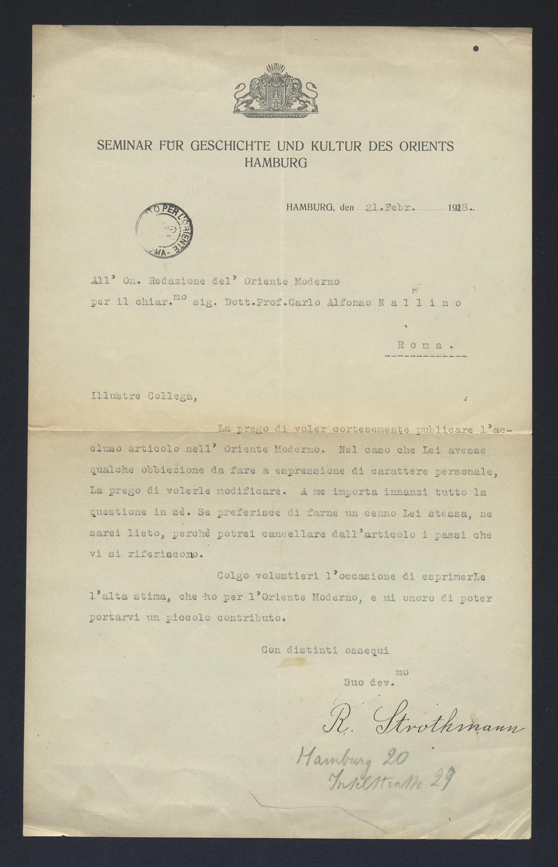 Rudolf Strothmann a Carlo Alfonso Nallino, 21 feb. 1928