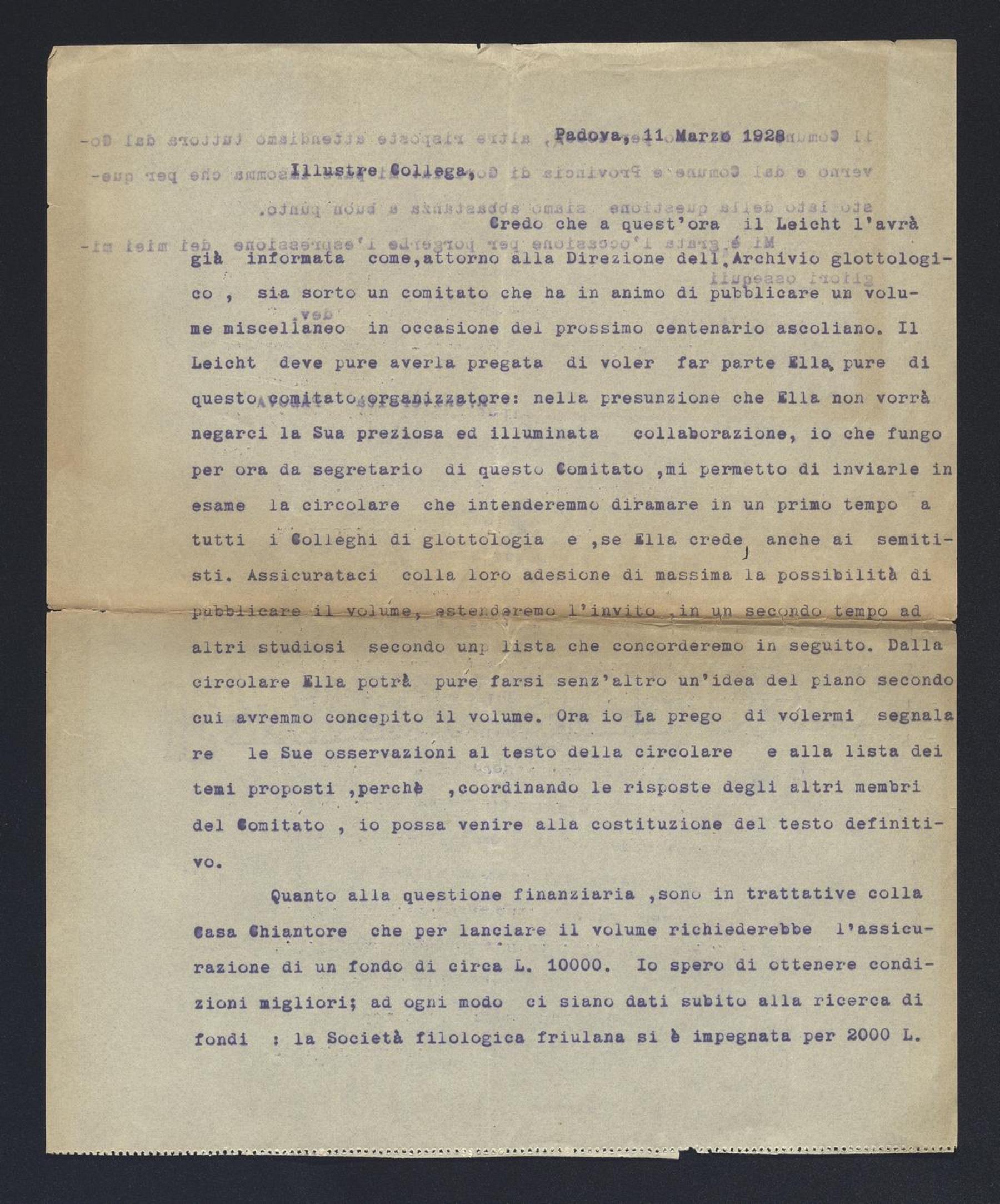 Benvenuto Aronne Terracini a Carlo Alfonso Nallino, 11 mar. 1928
